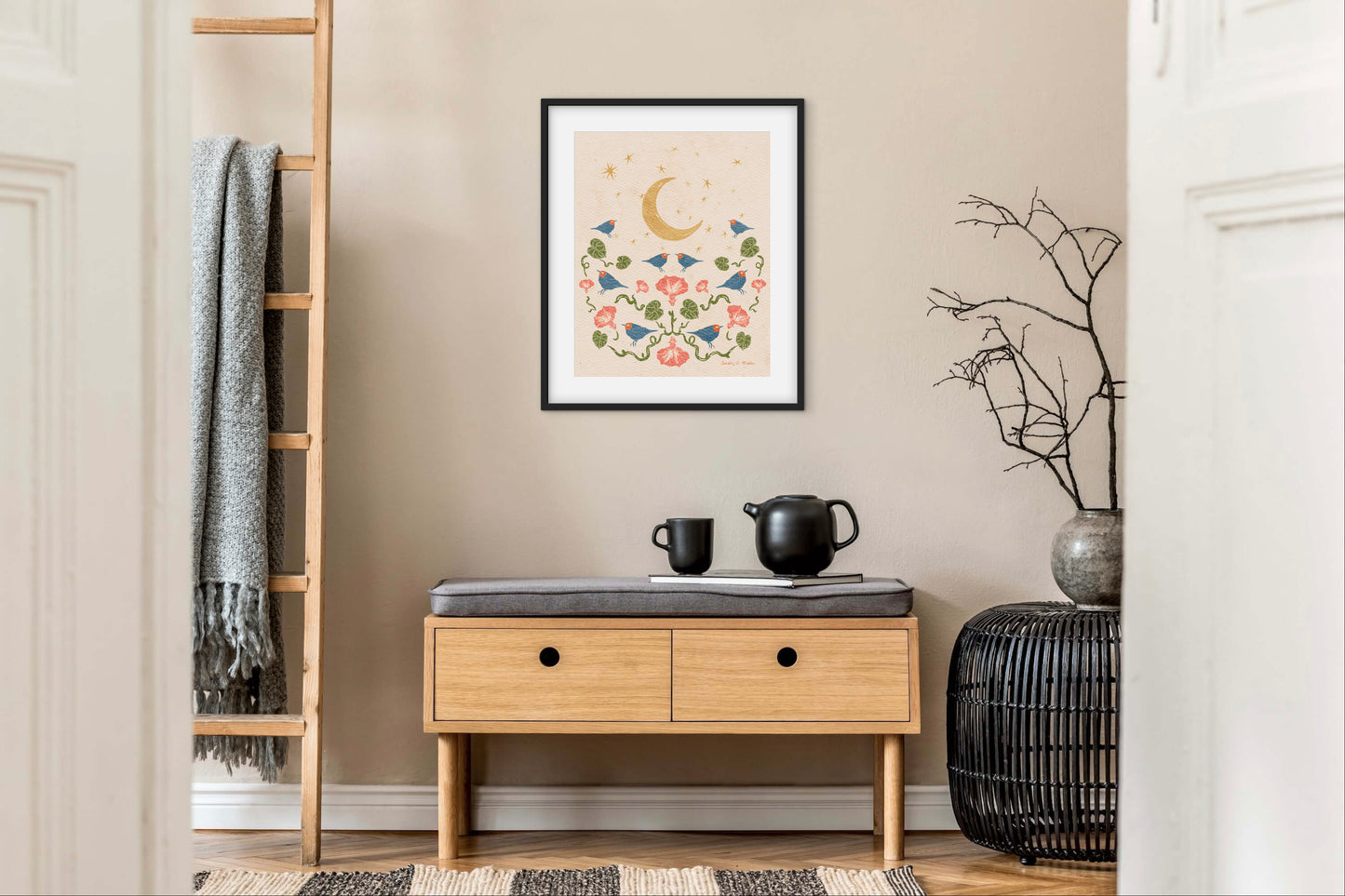 Warblers by Moonlight – Botanical Wall Art, Multicolored with Cream Background