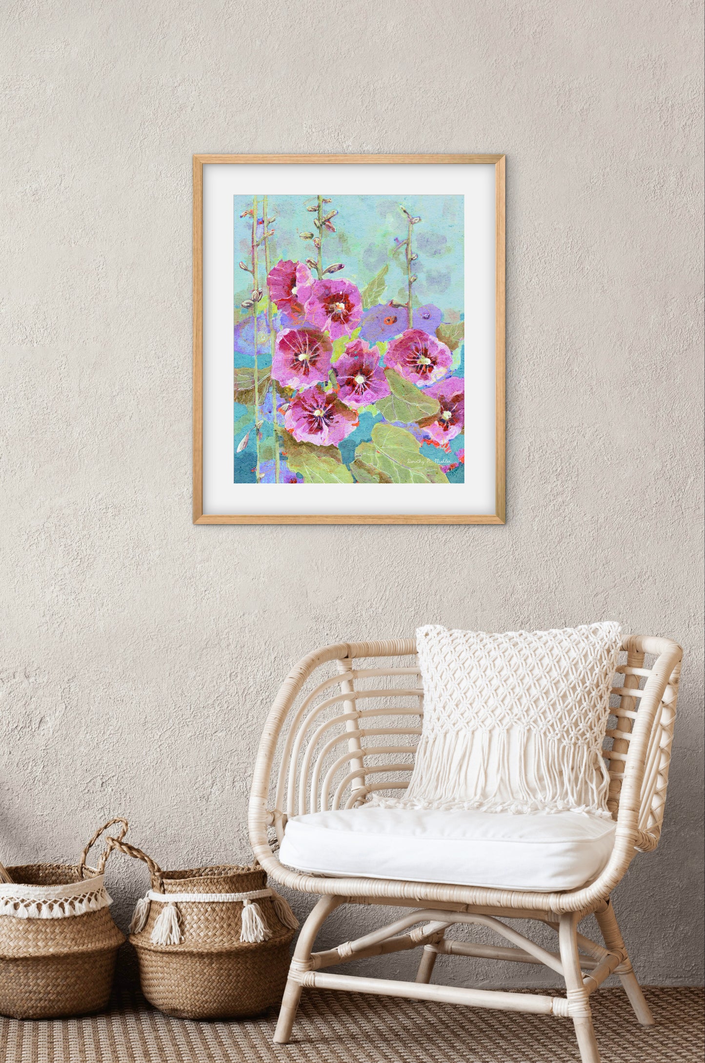 Hollyhock Season - Botanical Wall Art - Purples, teals and blues