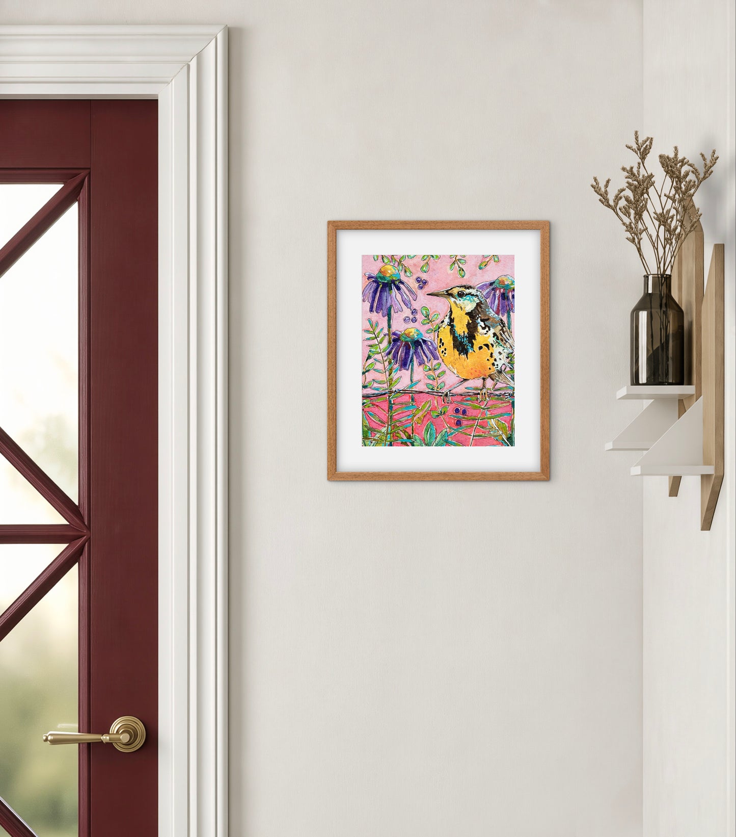Western Meadowlark with Coneflowers - Nature Print - Bird Art - Pink, Yellow, Purple and Green