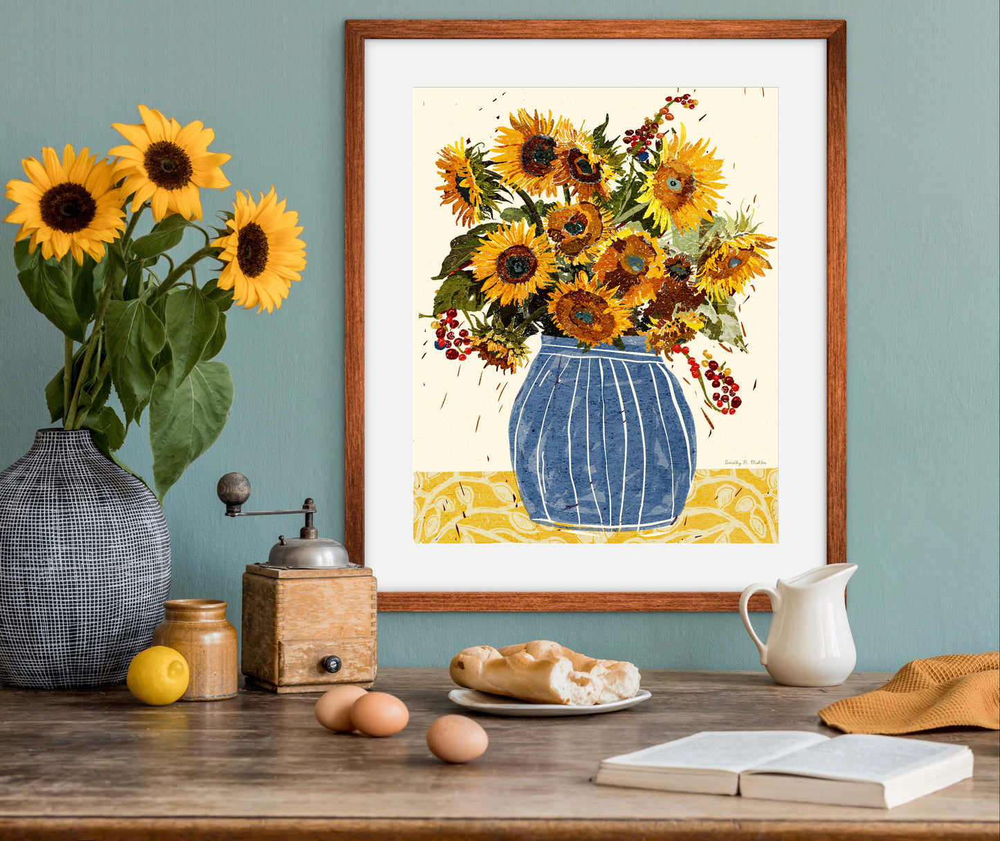 Sunflowers and Berries – Botanical Wall Art, Folk-Art Print, Yellow, Blue and Cream