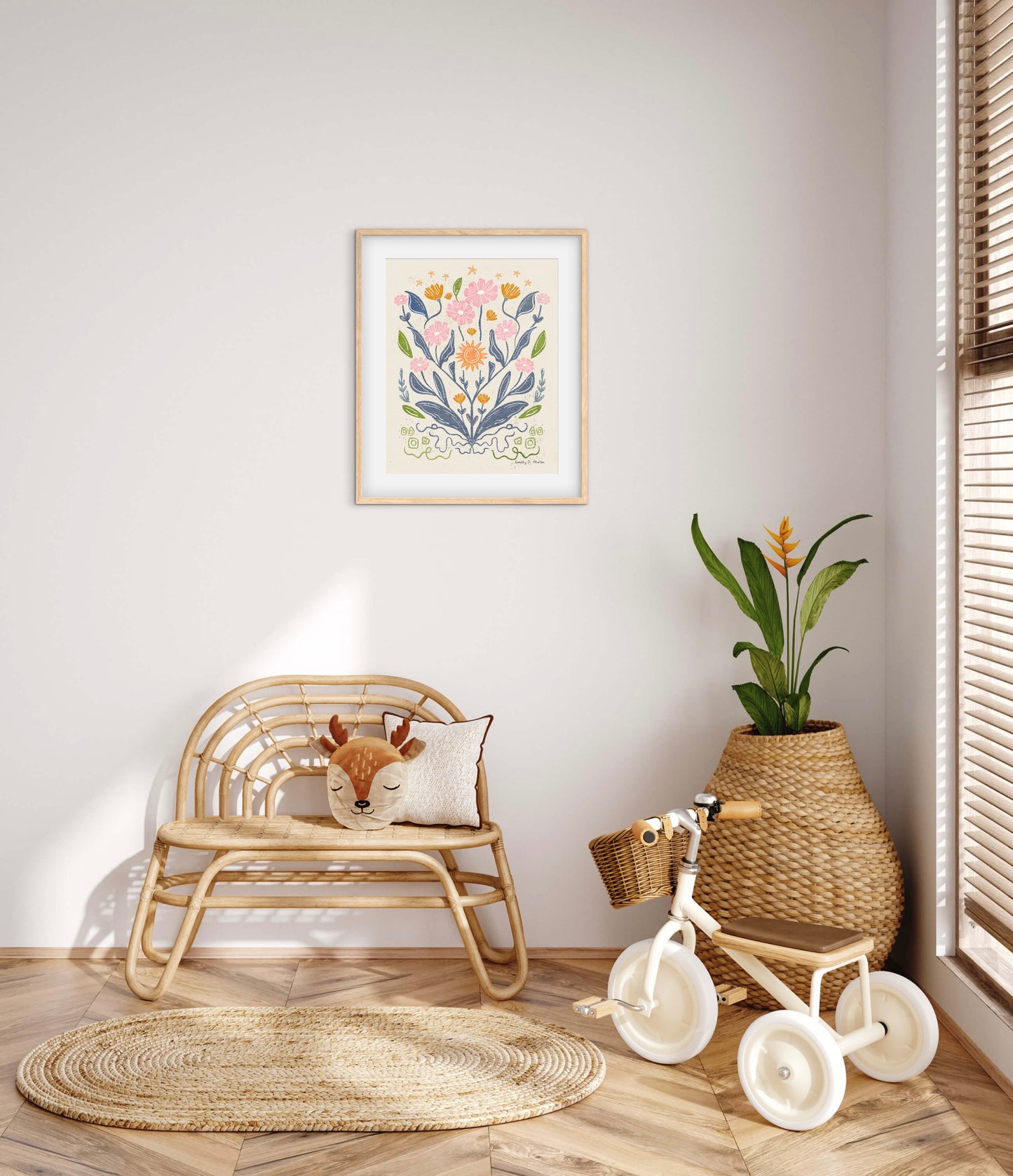 Daisies and Stars Folk Art Print – Botanical Wall Art, Multicolored Flowers with Cream Background