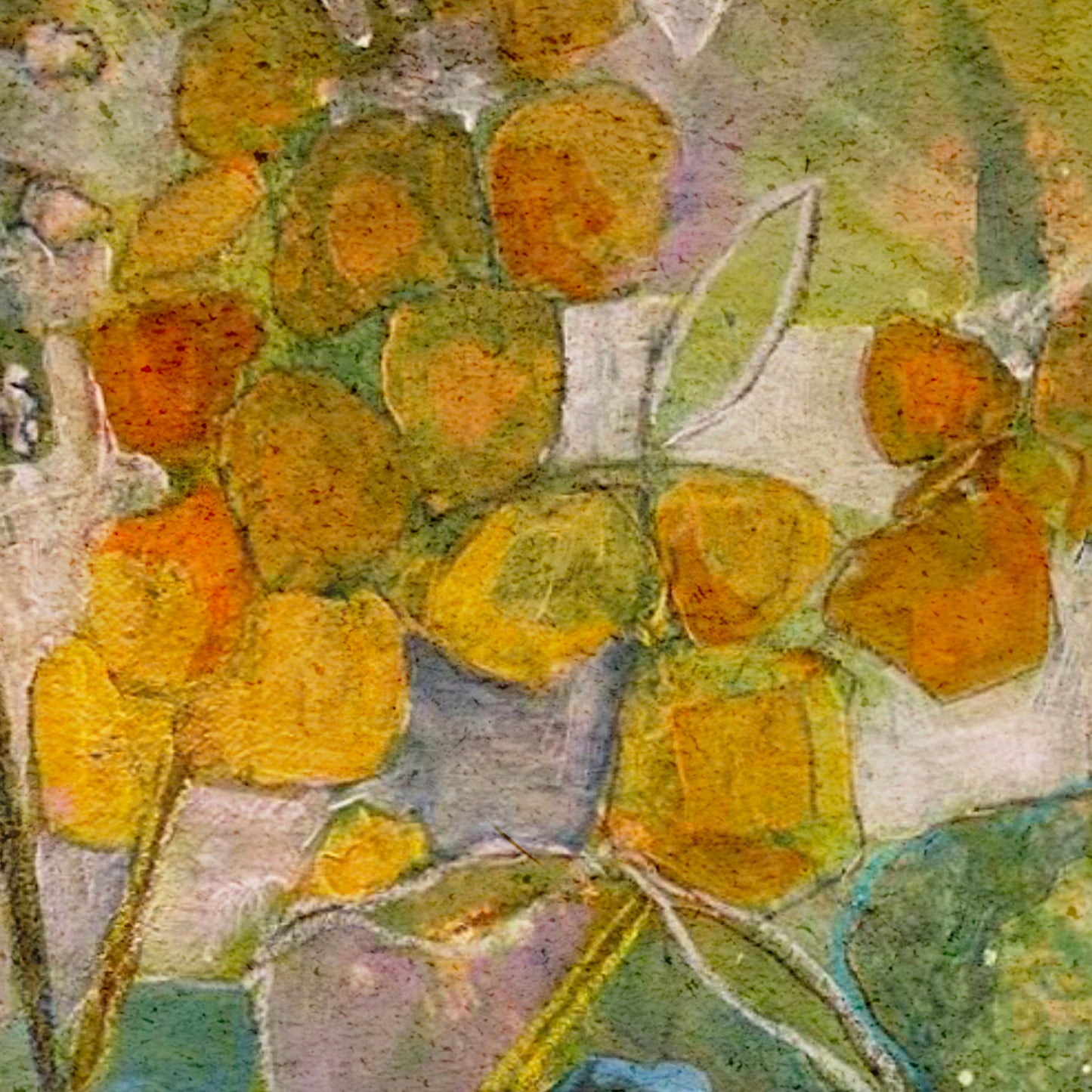 A Piece of Spring - Botanical Wall Art - Golds, Blues and Green Garden Blooms