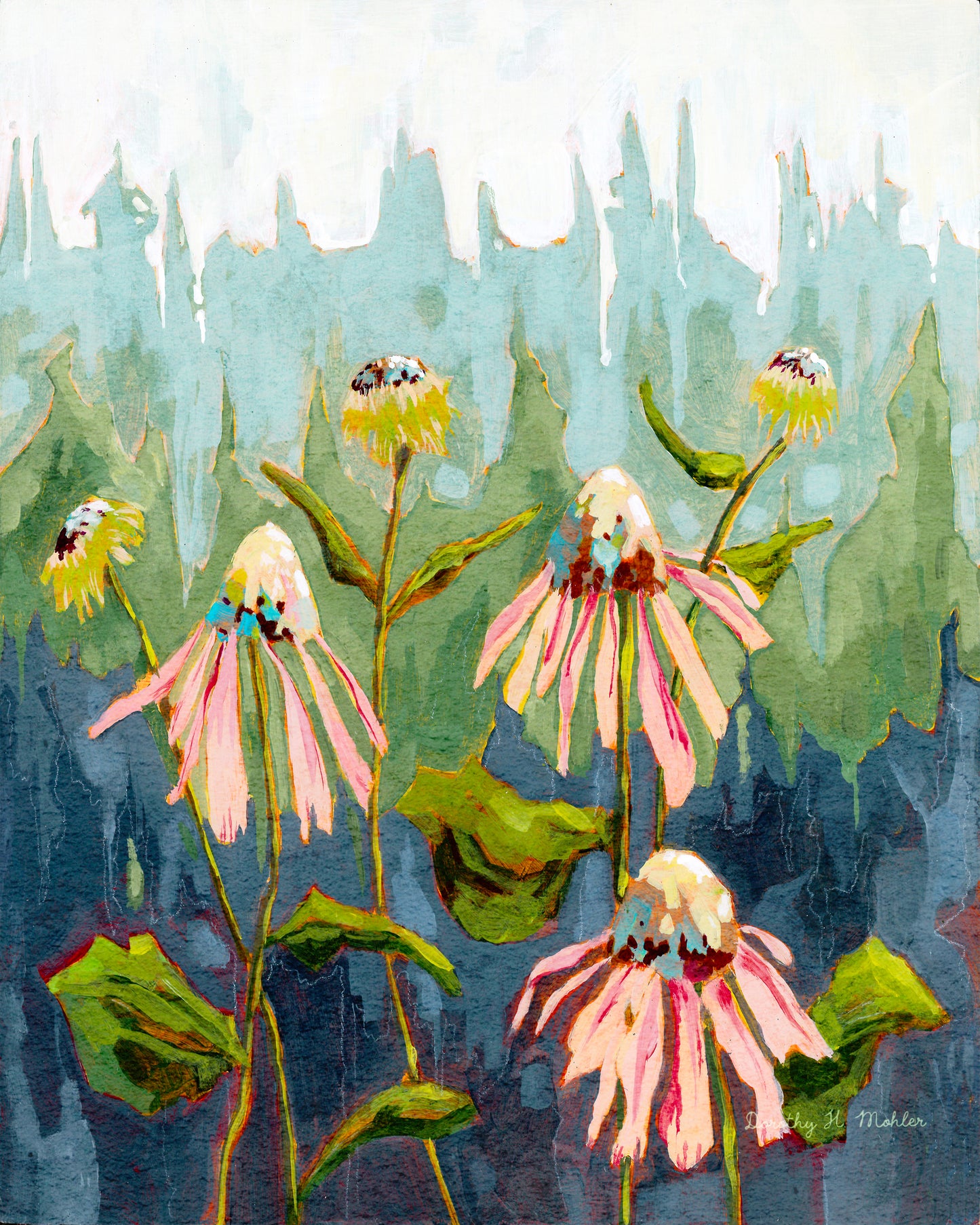 Flowers at Dawn – Botanical Wall Art, Fine Art, Coneflowers and Trees