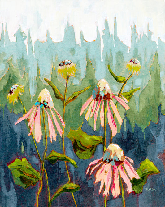 Flowers at Dawn – Botanical Wall Art, Fine Art, Coneflowers and Trees