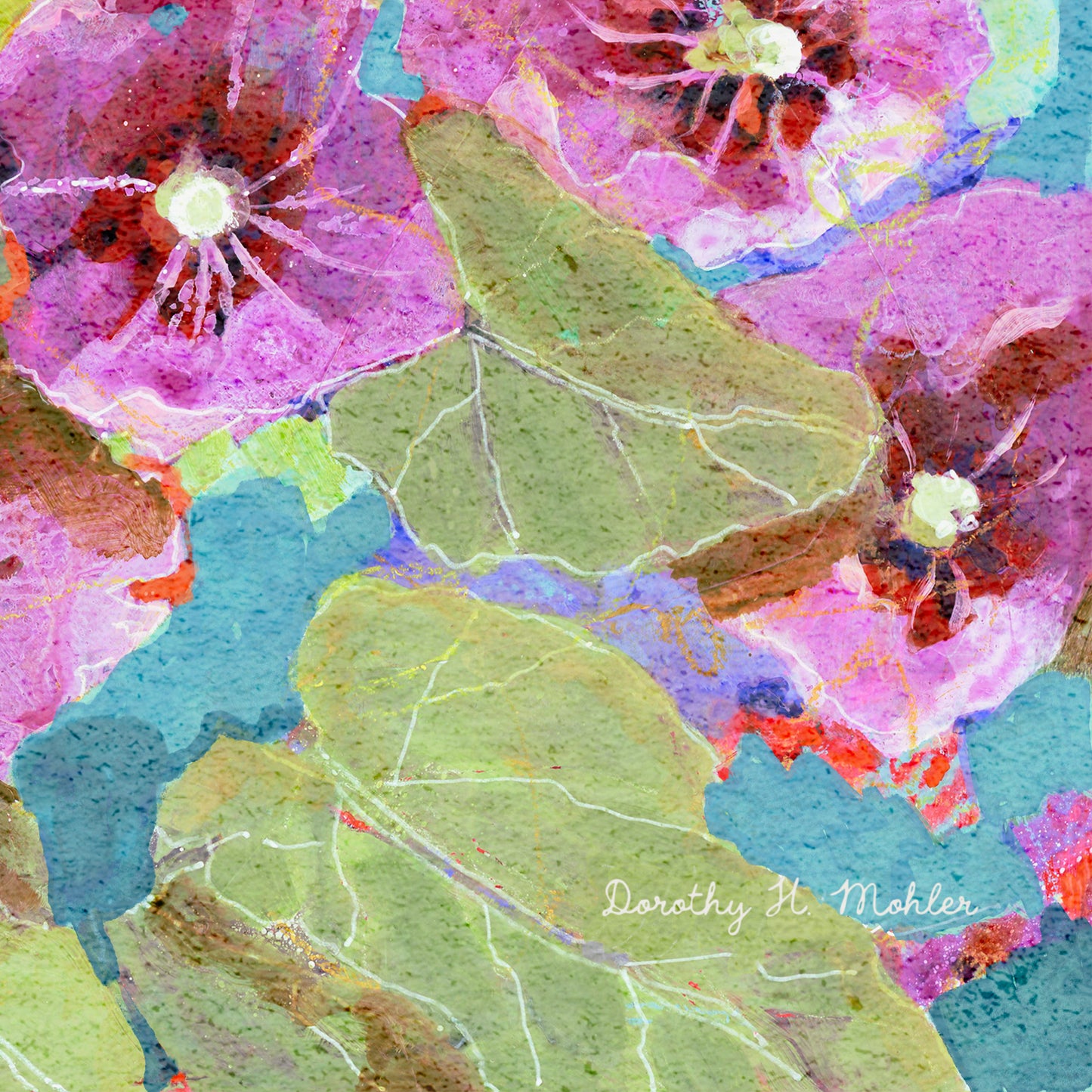 Hollyhock Season  - Botanical Wall Art - Purples, teals and blues