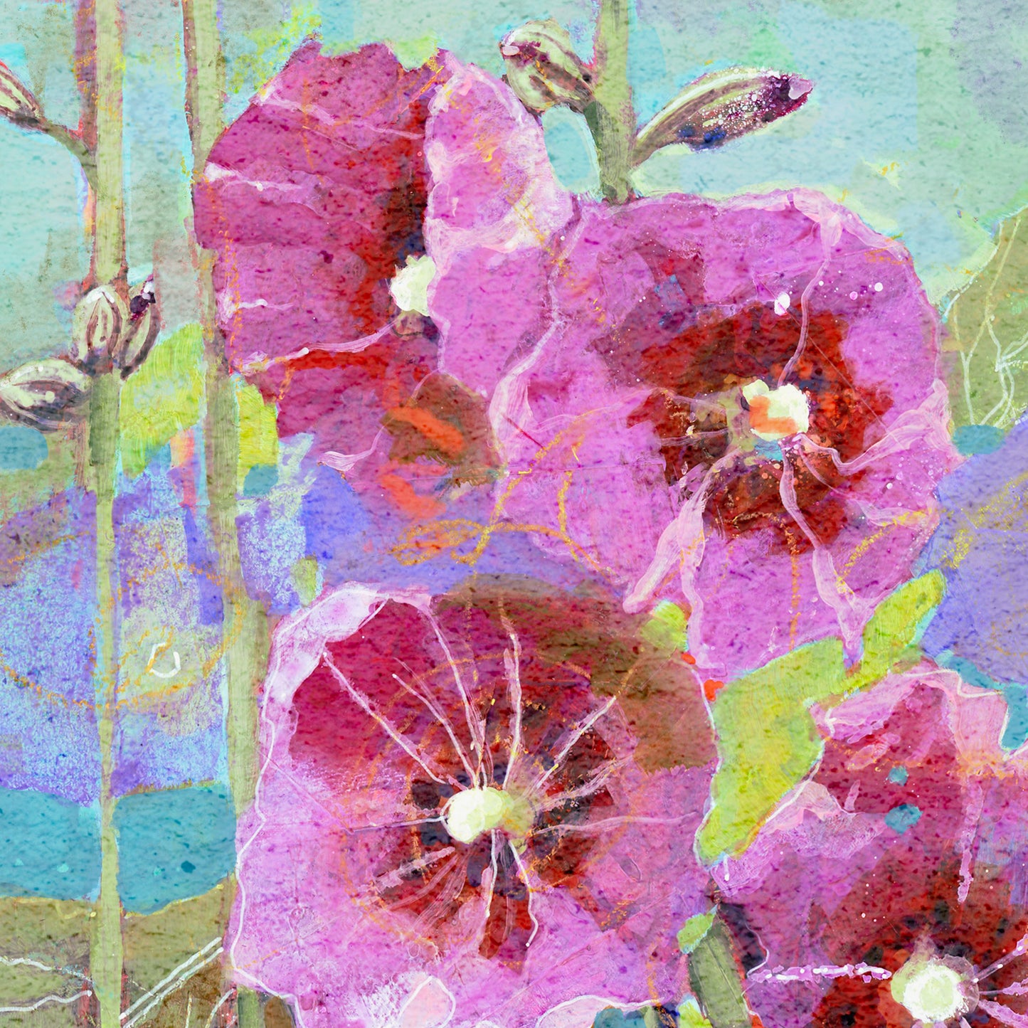 Hollyhock Season  - Botanical Wall Art - Purples, teals and blues
