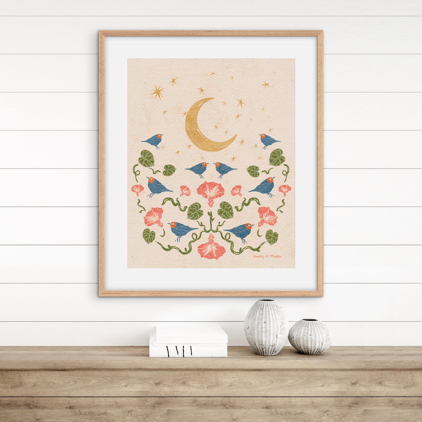 Warblers by Moonlight – Botanical Wall Art, Multicolored with Cream Background