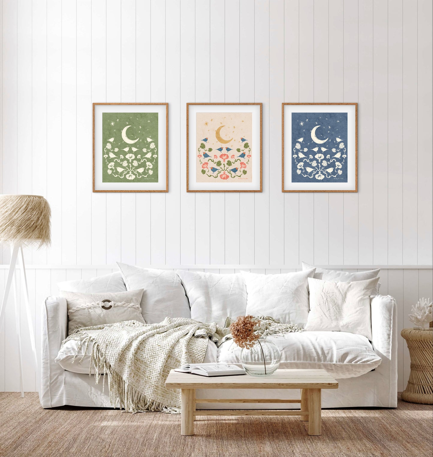 Warblers by Moonlight – Botanical Wall Art, Multicolored with Cream Background