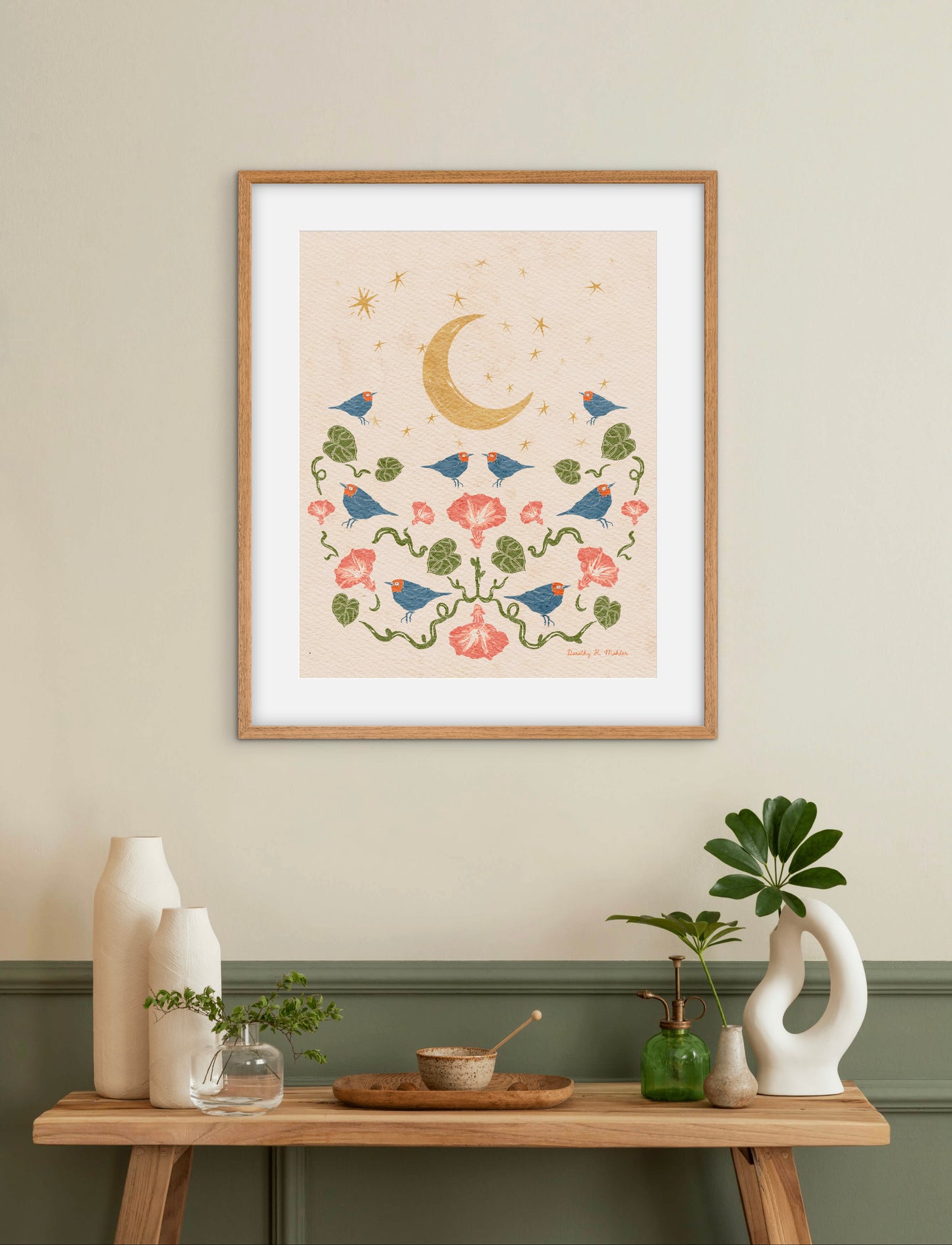 Warblers by Moonlight – Botanical Wall Art, Multicolored with Cream Background