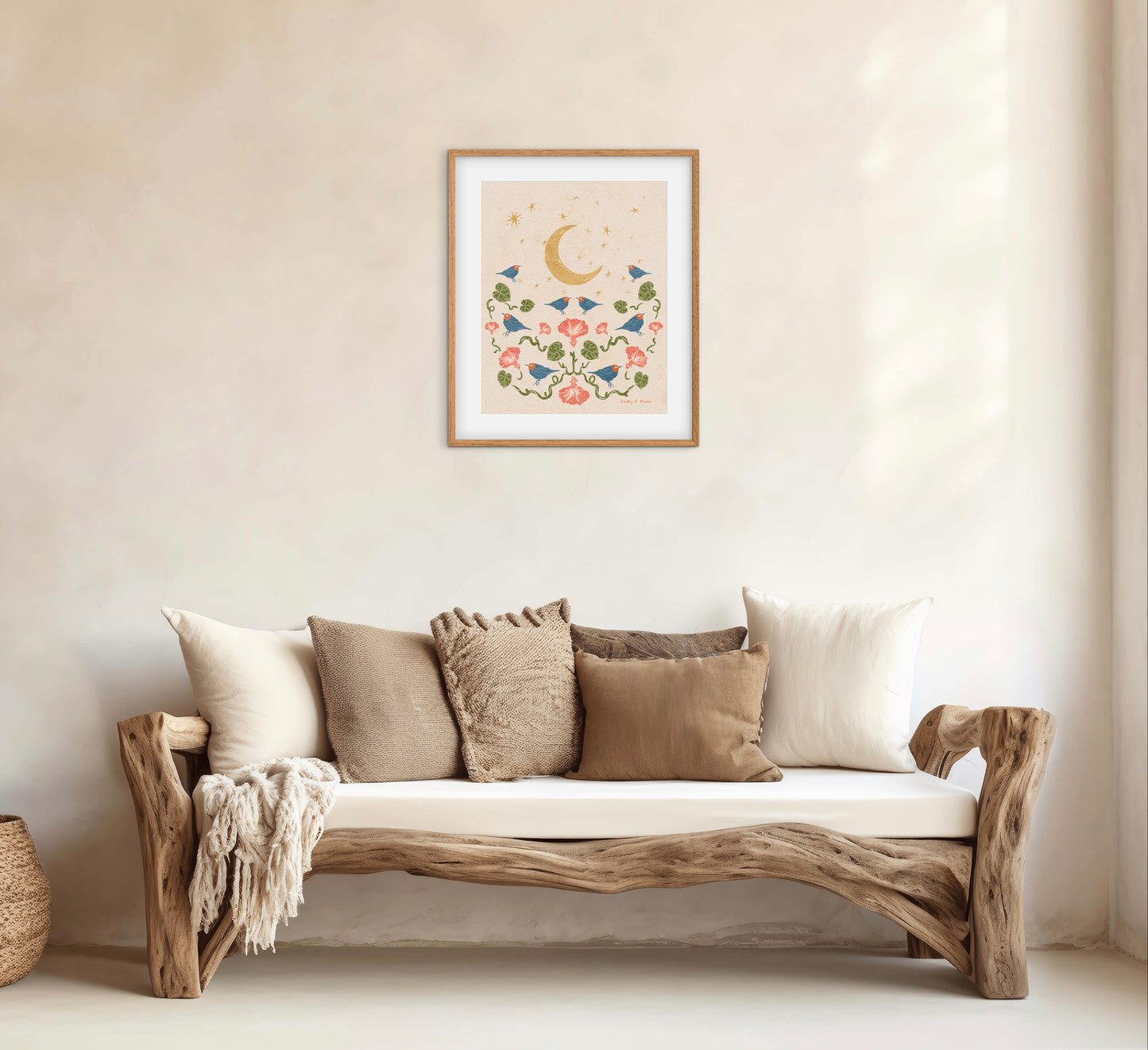 Warblers by Moonlight – Botanical Wall Art, Multicolored with Cream Background