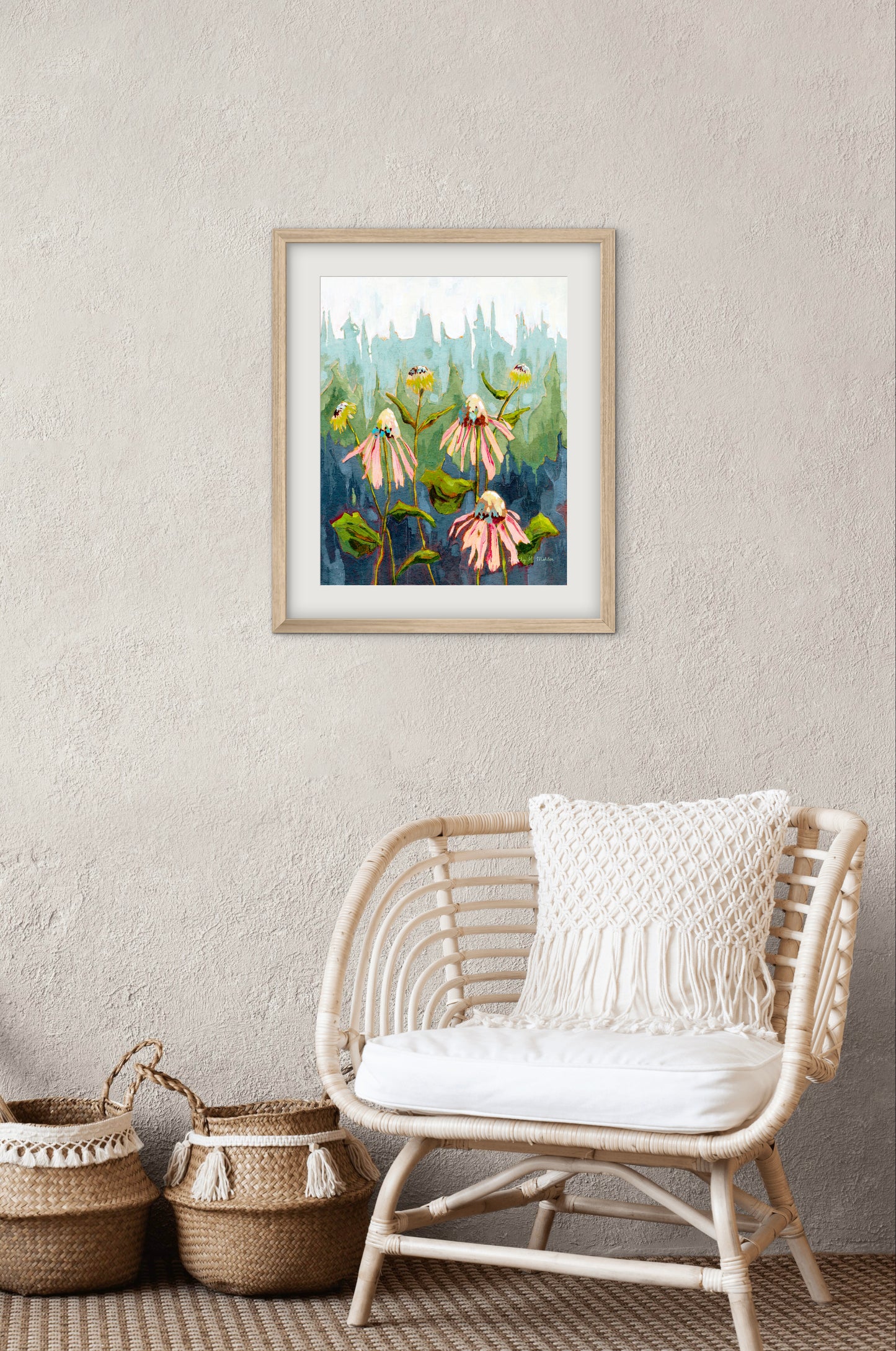 Flowers at Dawn – Botanical Wall Art, Fine Art, Coneflowers and Trees