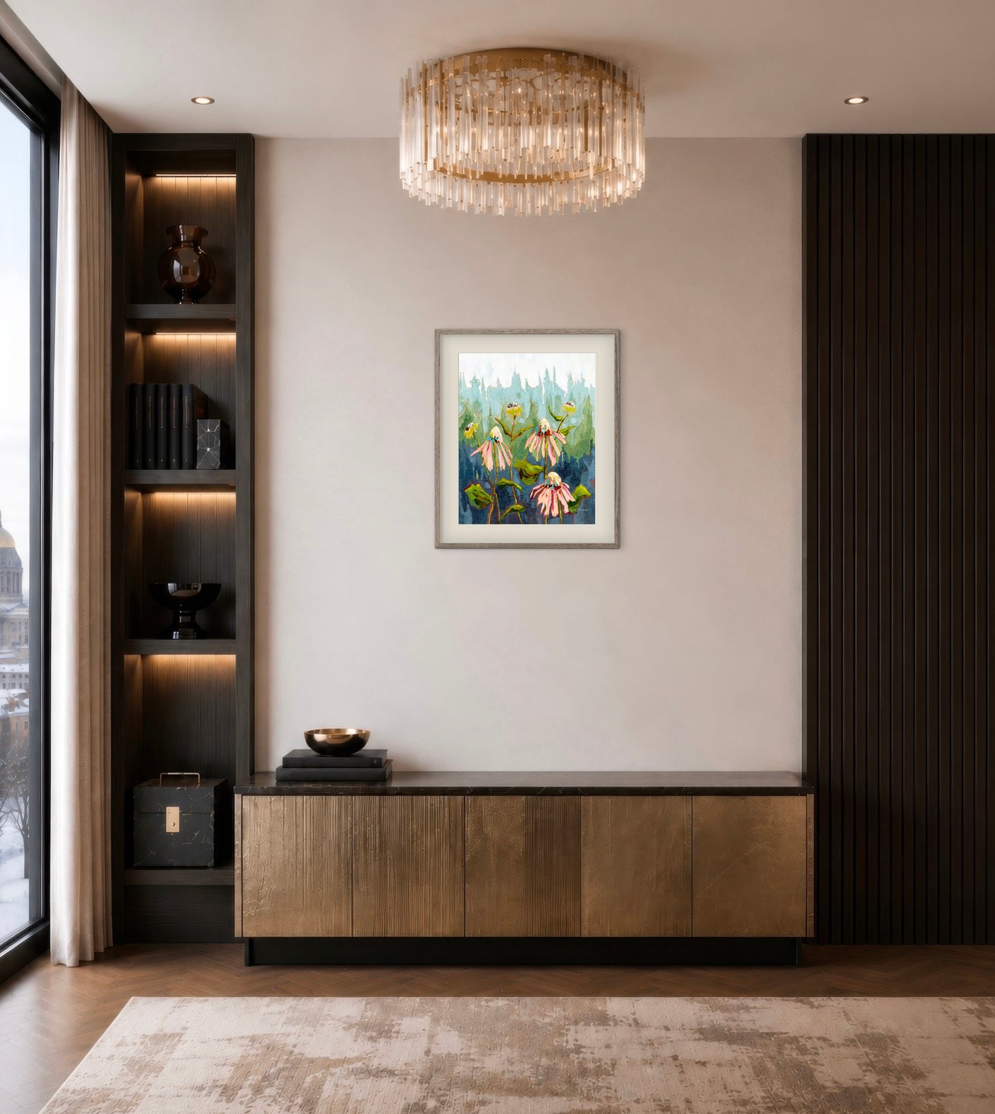 Flowers at Dawn – Botanical Wall Art, Fine Art, Coneflowers and Trees