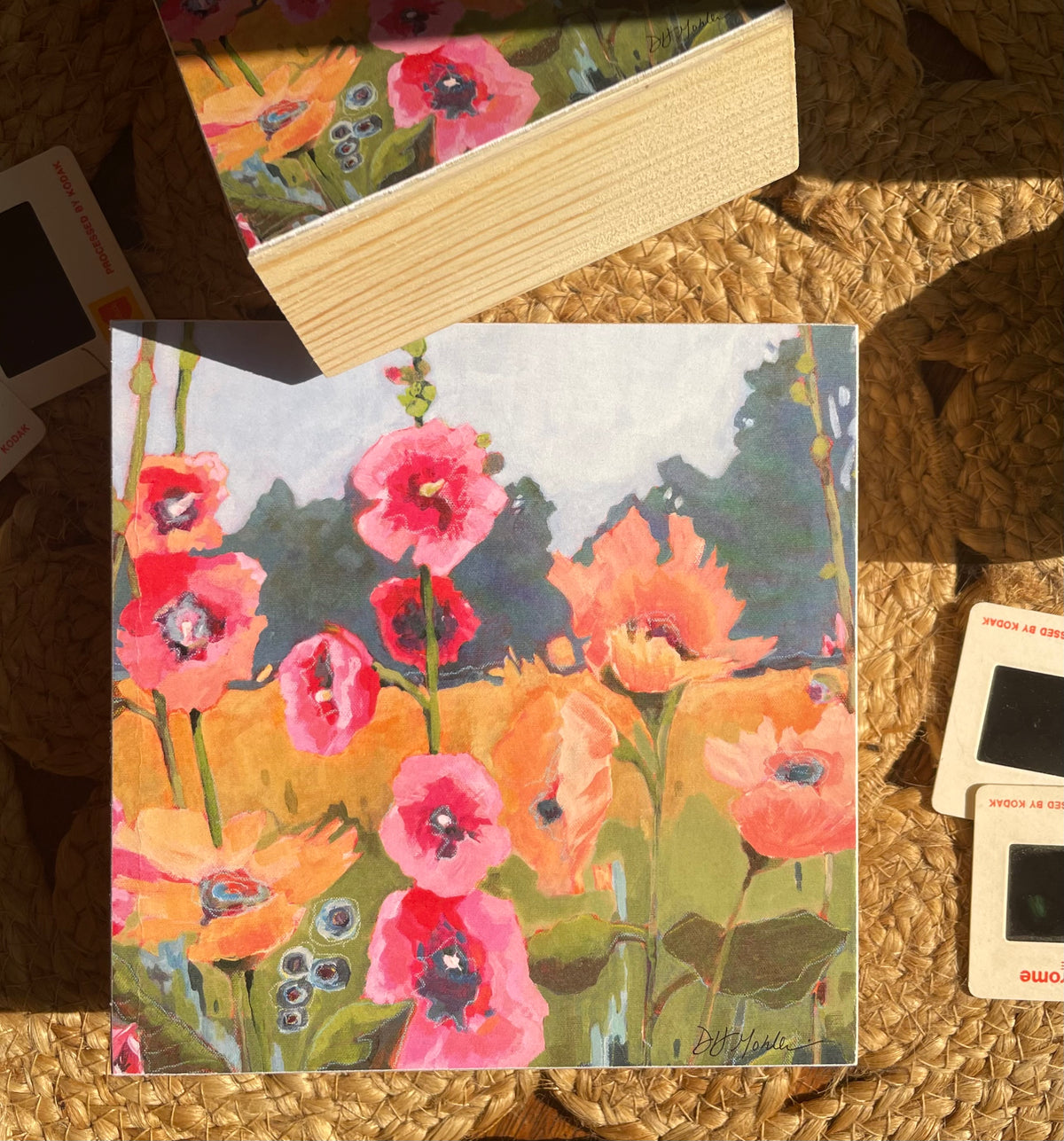 Sharing the Light - Wood Block Print | Hollyhocks, Poppies and Bluebells Wall Art