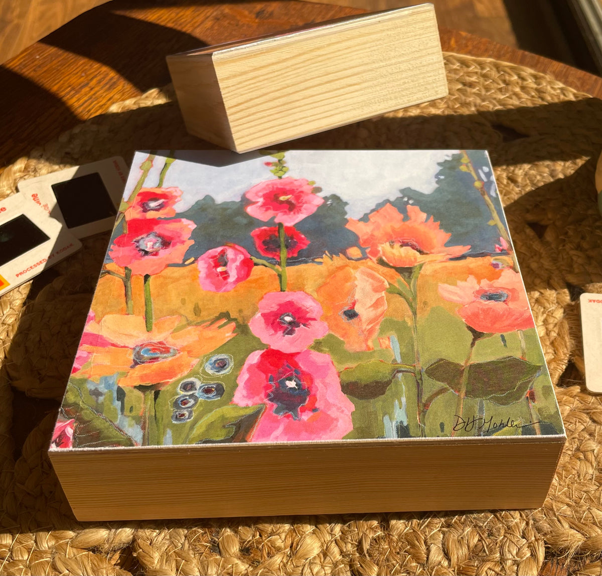 Sharing the Light - Wood Block Print | Hollyhocks, Poppies and Bluebells Wall Art