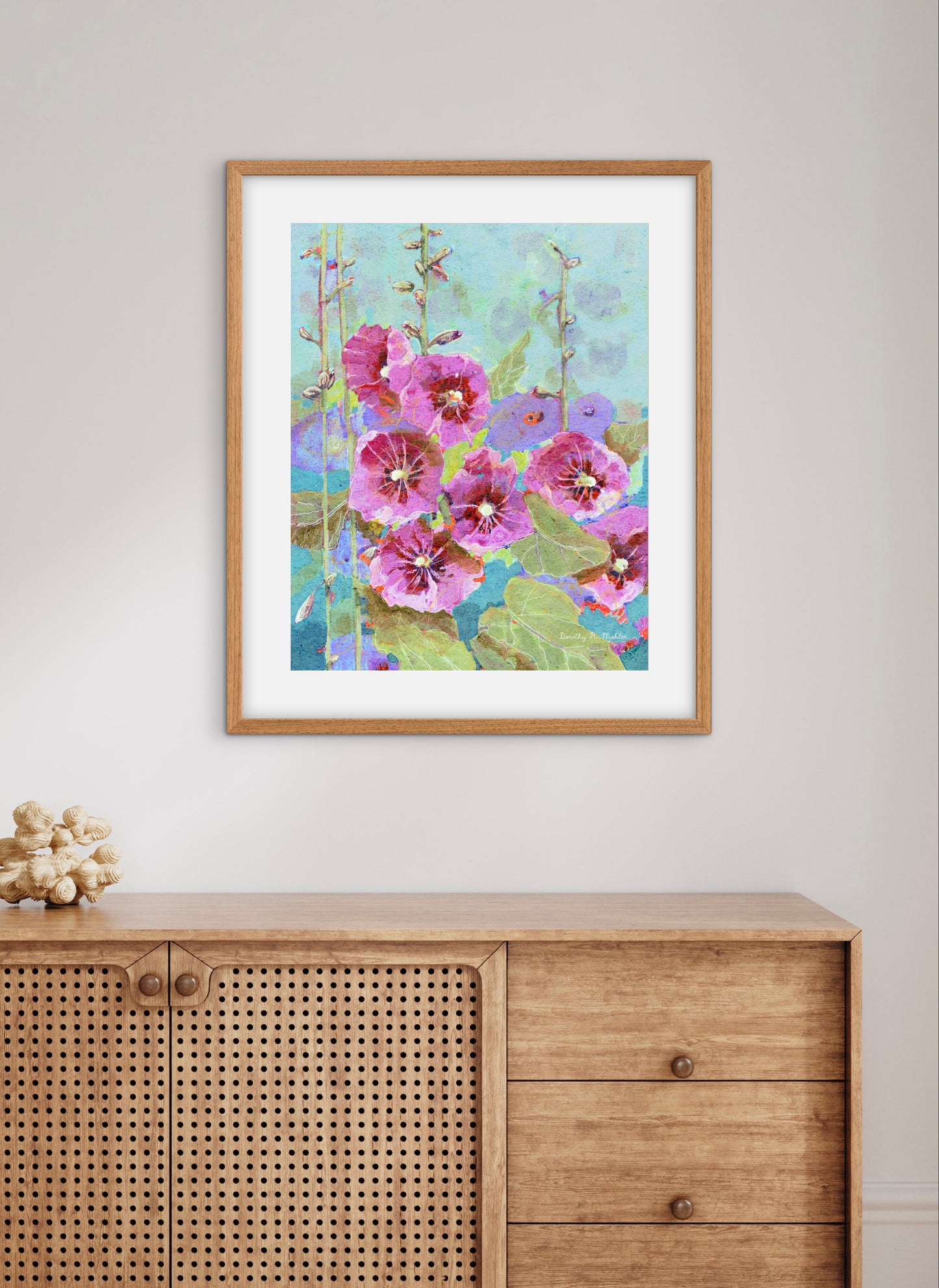 Hollyhock Season  - Botanical Wall Art - Purples, teals and blues