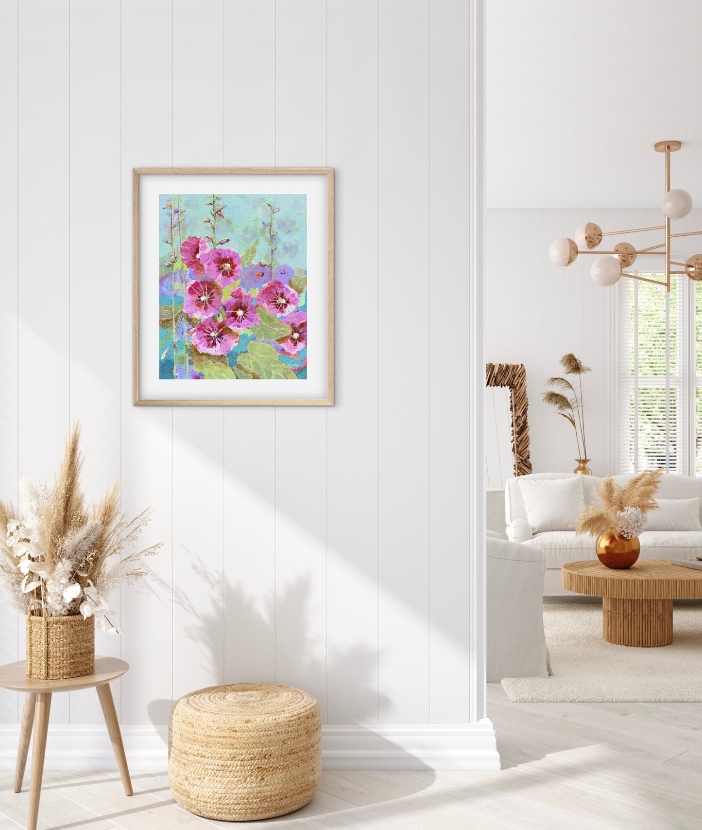 Hollyhock Season  - Botanical Wall Art - Purples, teals and blues