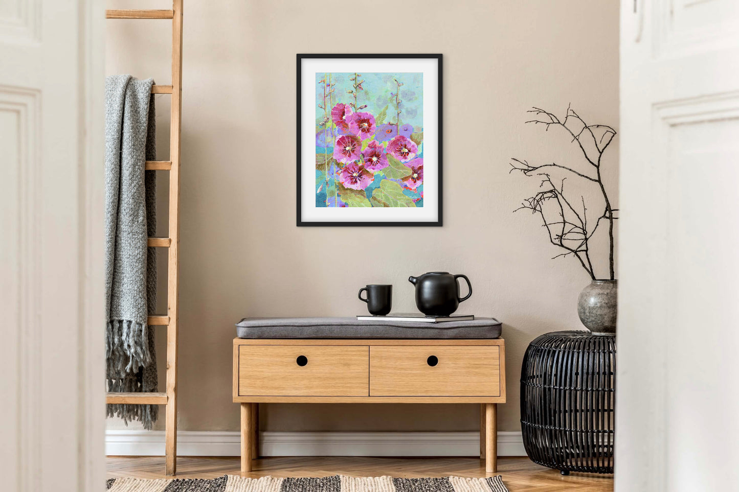 Hollyhock Season  - Botanical Wall Art - Purples, teals and blues