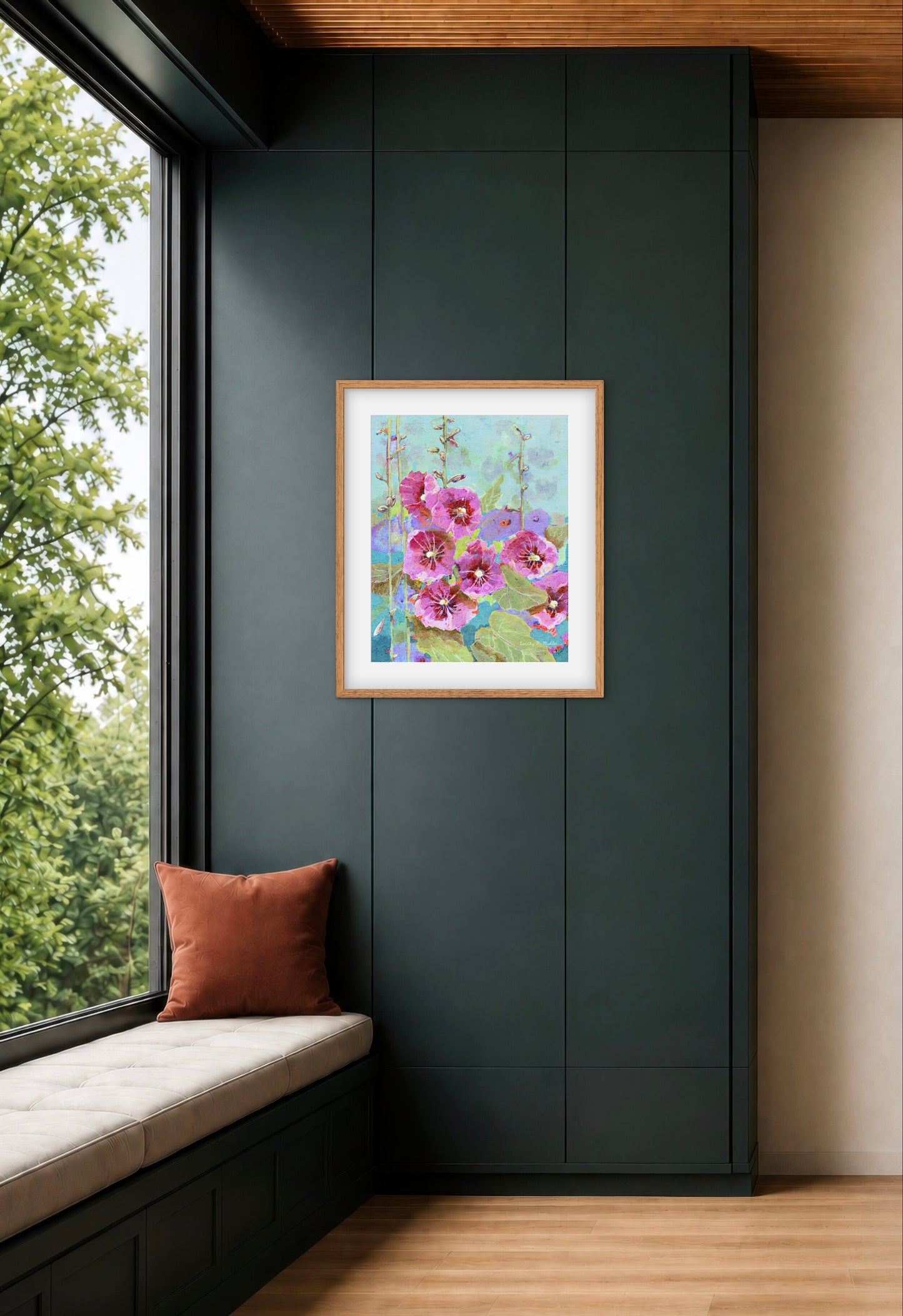 Hollyhock Season  - Botanical Wall Art - Purples, teals and blues