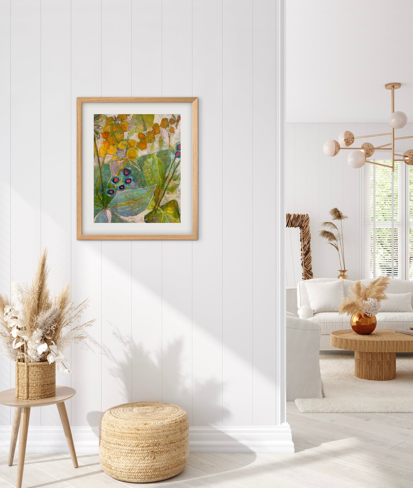A Piece of Spring - Botanical Wall Art - Golds, Blues and Green Garden Blooms