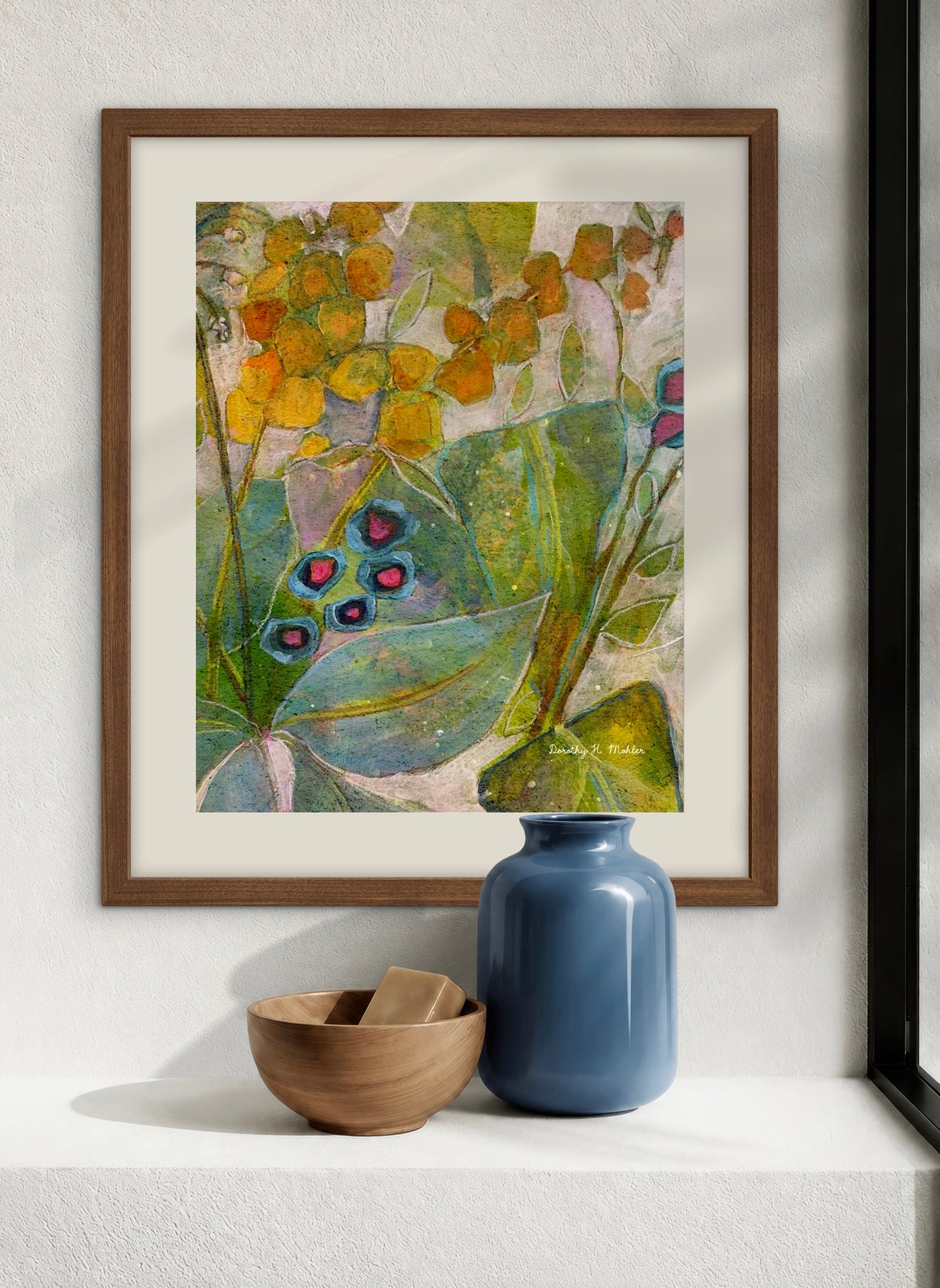 A Piece of Spring - Botanical Wall Art - Golds, Blues and Green Garden Blooms