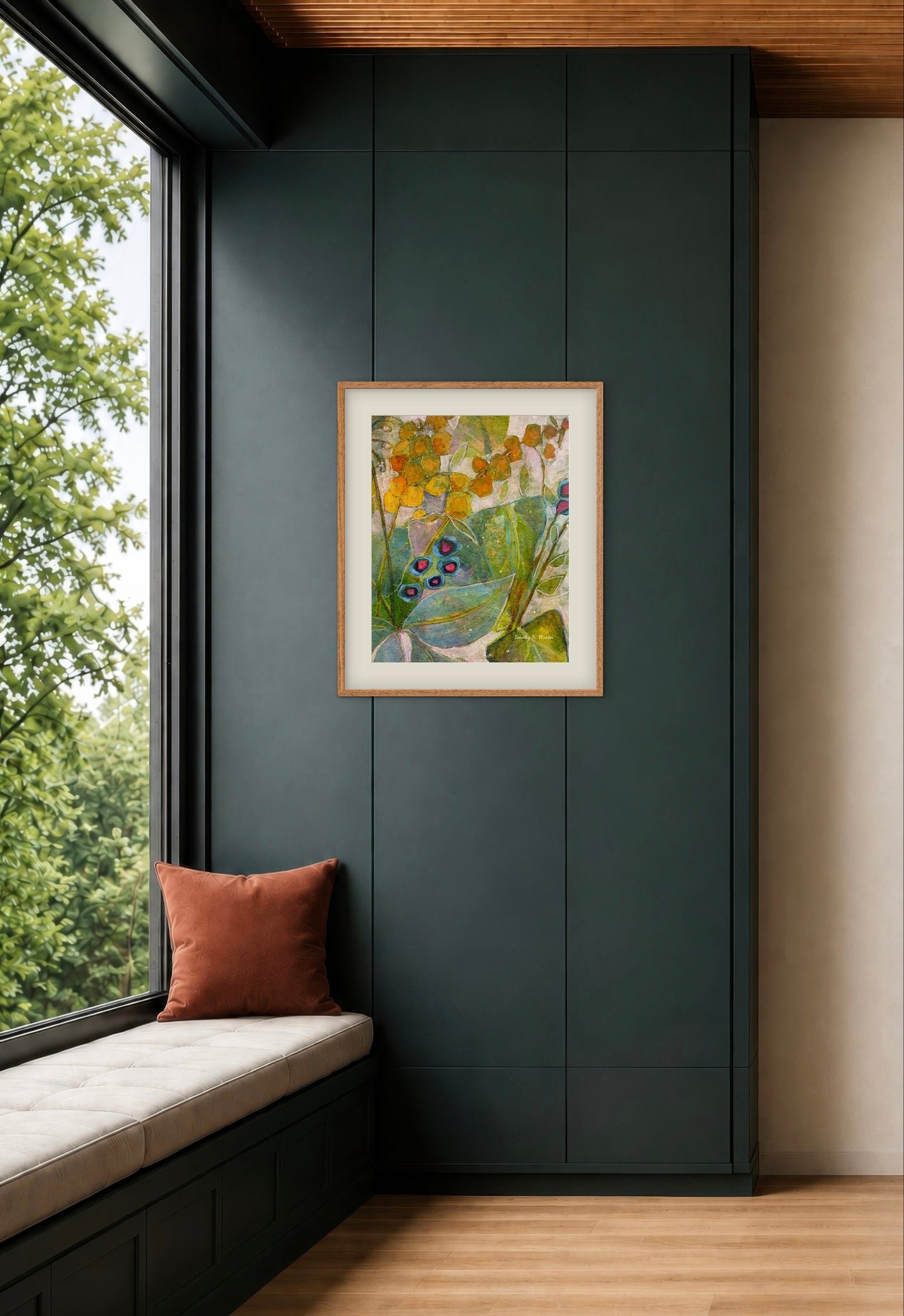 A Piece of Spring - Botanical Wall Art - Golds, Blues and Green Garden Blooms