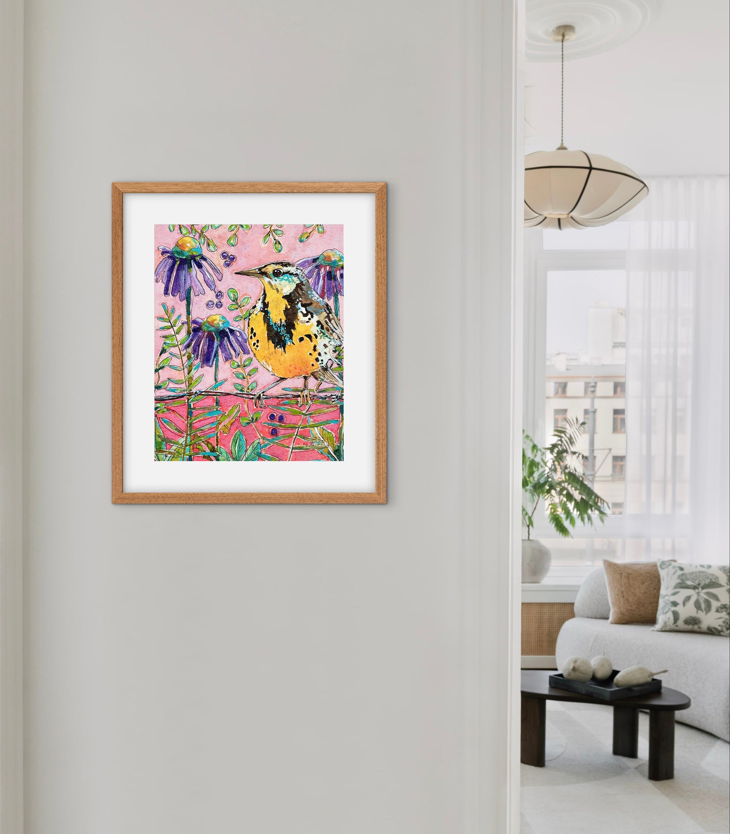 Western Meadowlark with Coneflowers - Nature Print - Bird Art - Pink, Yellow, Purple and Green