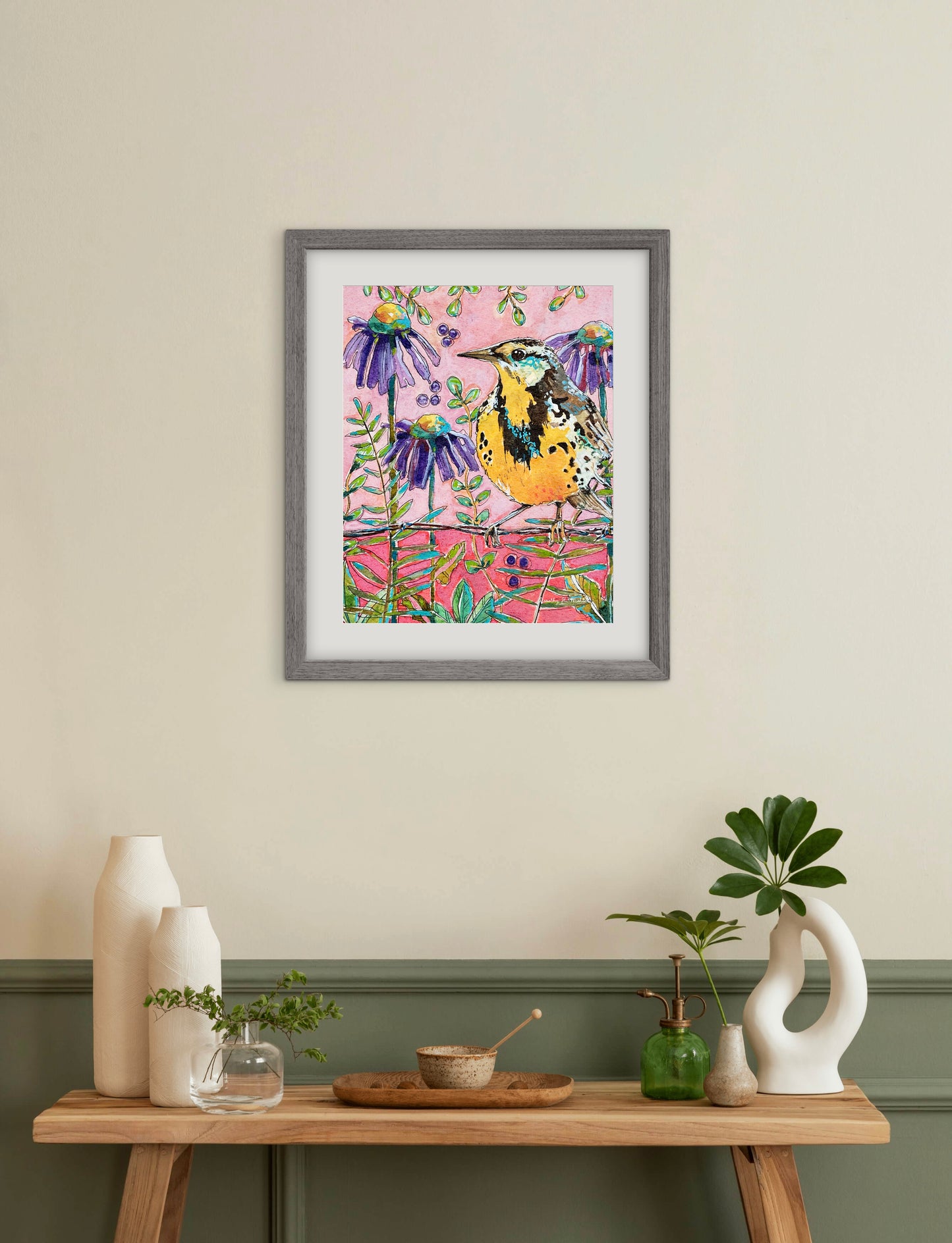 Western Meadowlark with Coneflowers - Nature Print - Bird Art - Pink, Yellow, Purple and Green