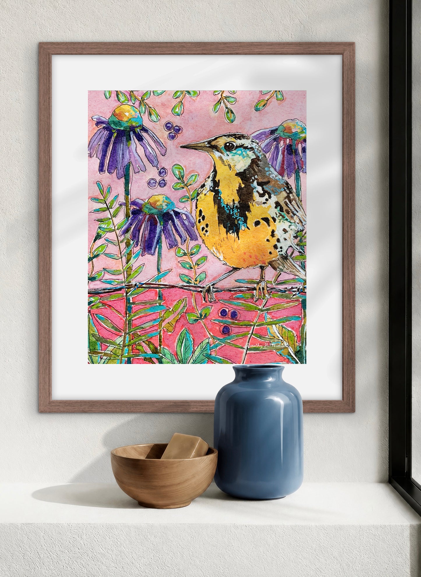 Western Meadowlark with Coneflowers - Nature Print - Bird Art - Pink, Yellow, Purple and Green