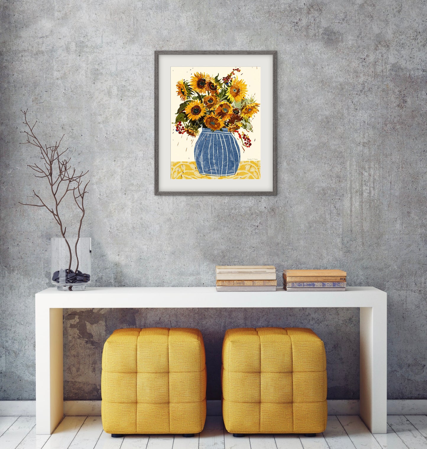 Sunflowers and Berries – Botanical Wall Art, Folk-Art Print, Yellow, Blue and Cream