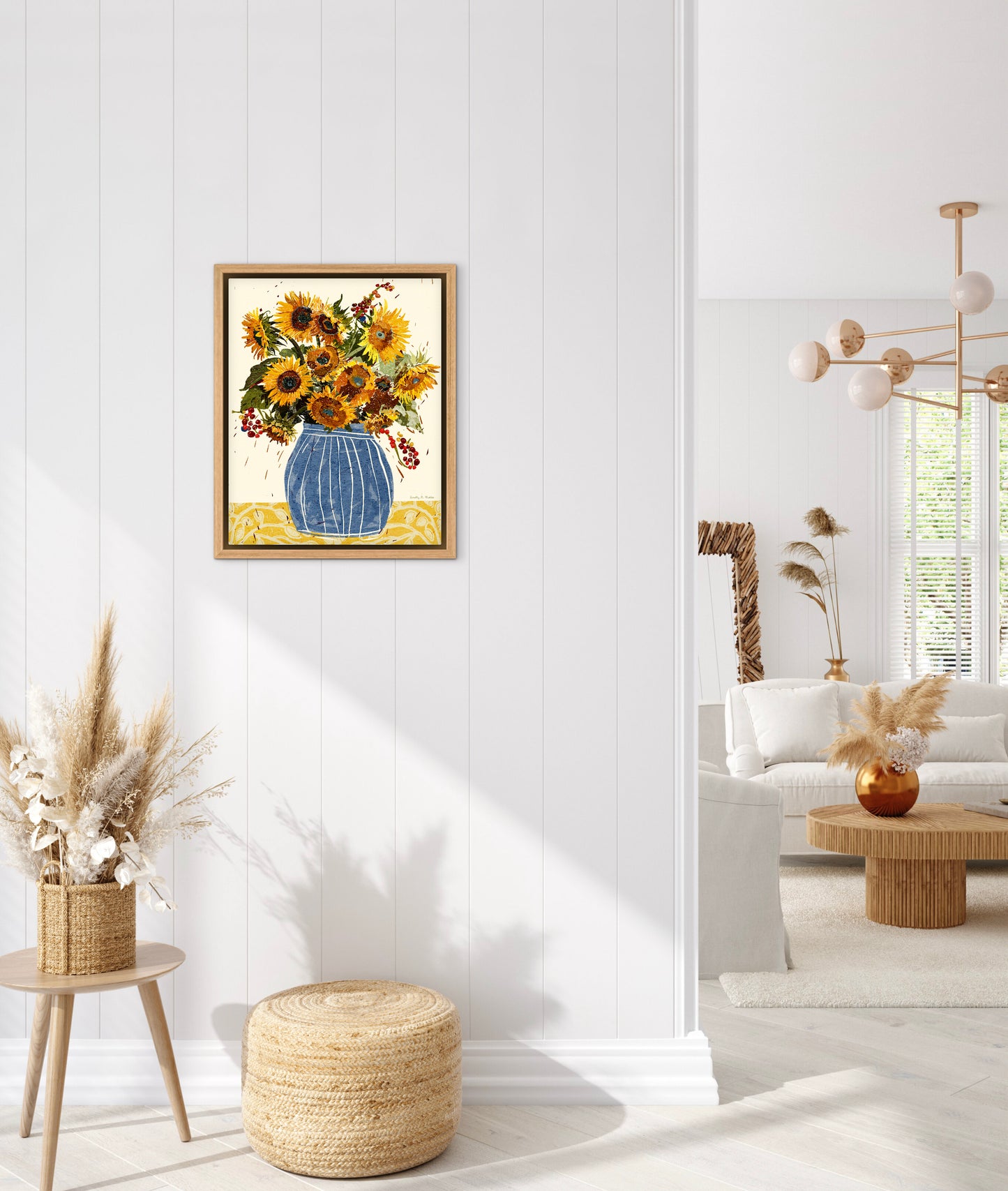 Sunflowers and Berries – Botanical Wall Art, Folk-Art Print, Yellow, Blue and Cream