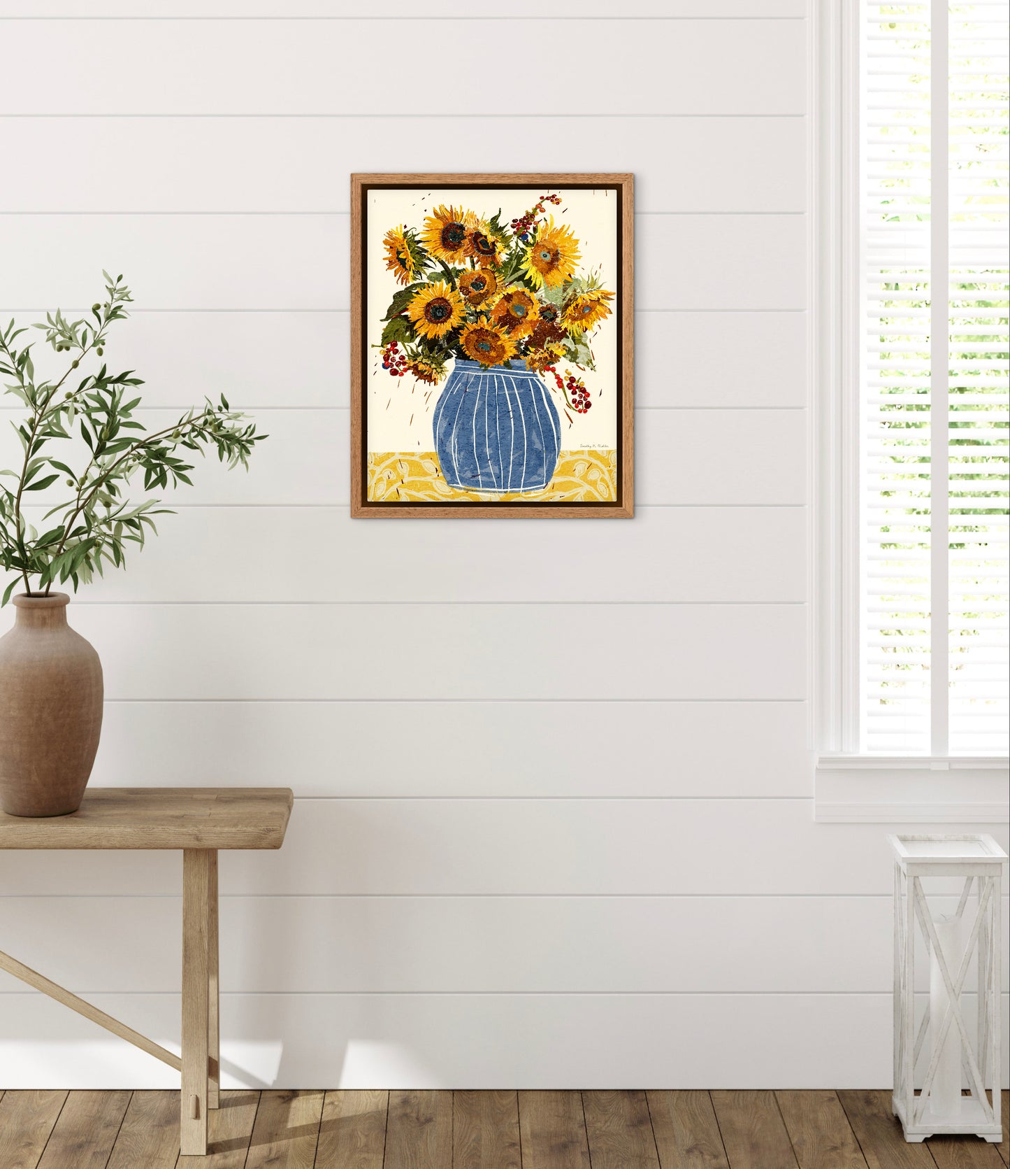 Sunflowers and Berries – Botanical Wall Art, Folk-Art Print, Yellow, Blue and Cream