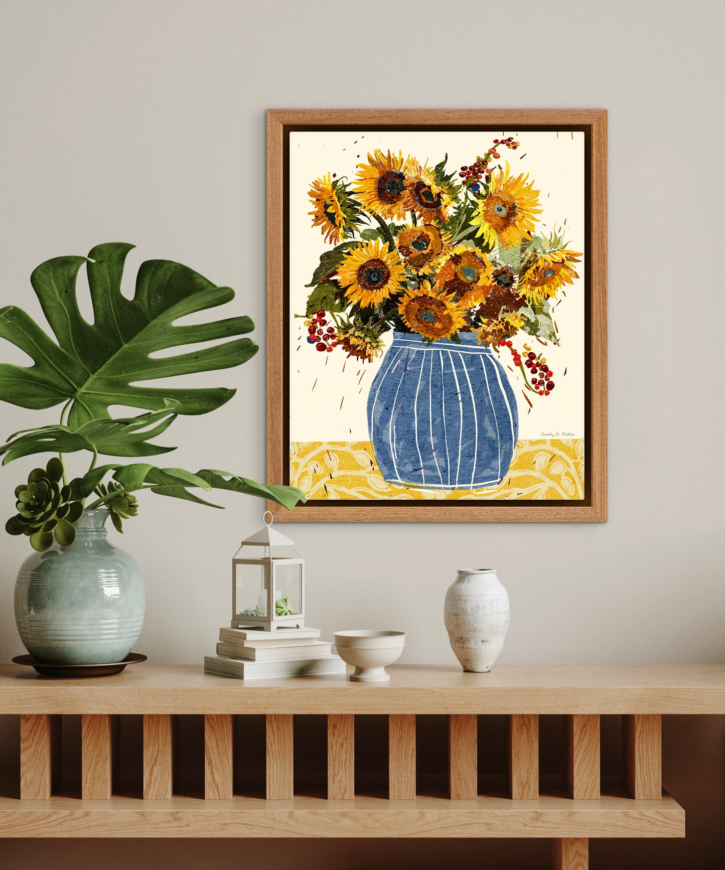 Sunflowers and Berries – Botanical Wall Art, Folk-Art Print, Yellow, Blue and Cream