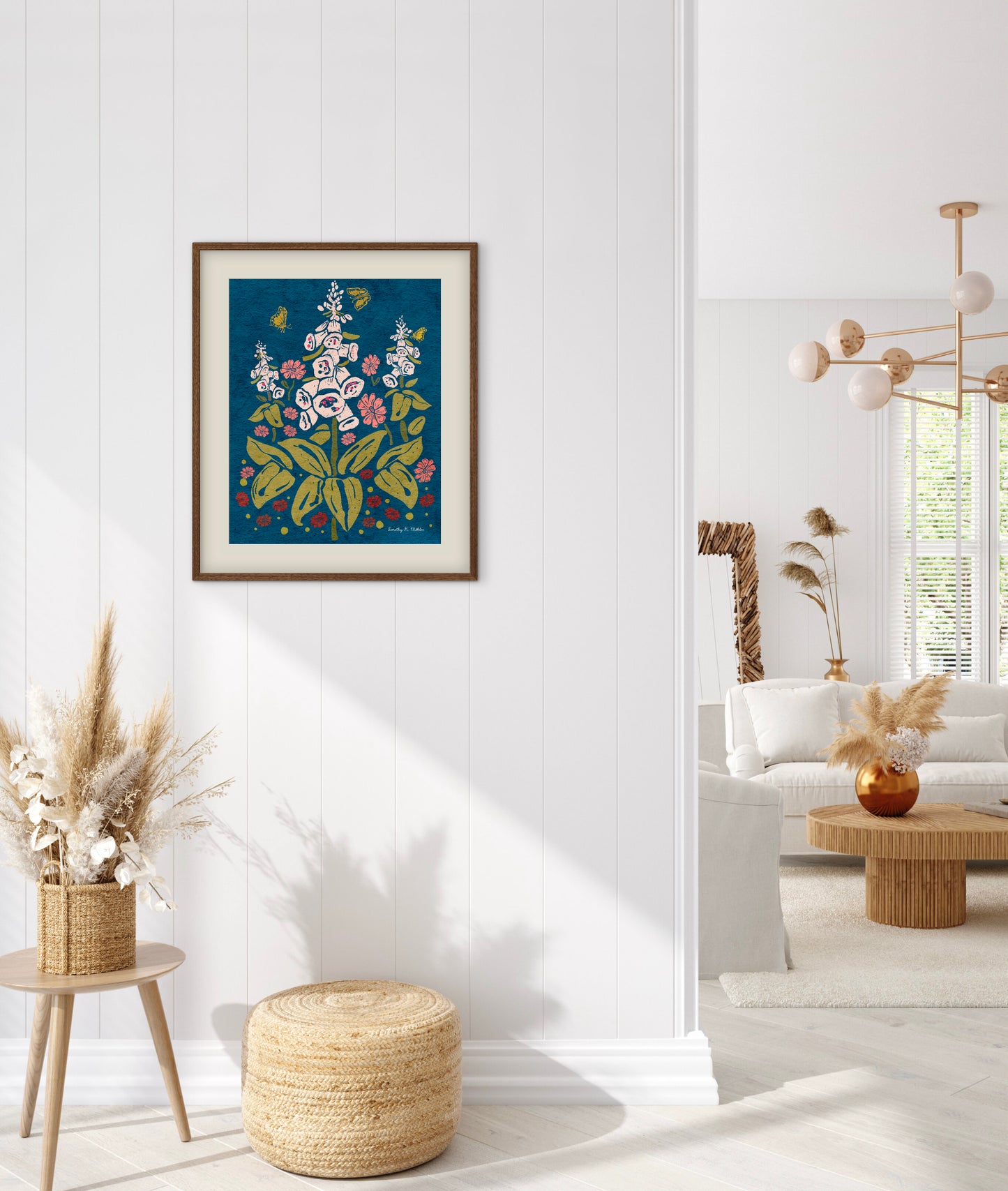 Foxgloves and Butterflies – Botanical Wall Art, Multicolored Bright Blue Background