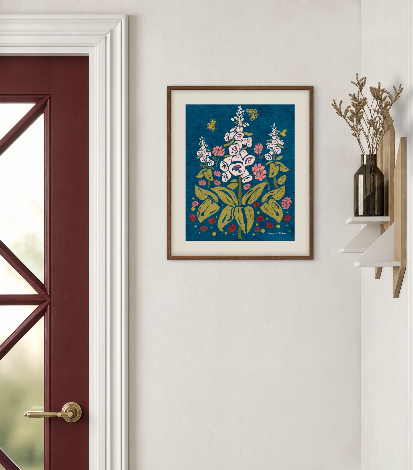 Foxgloves and Butterflies – Botanical Wall Art, Multicolored Bright Blue Background