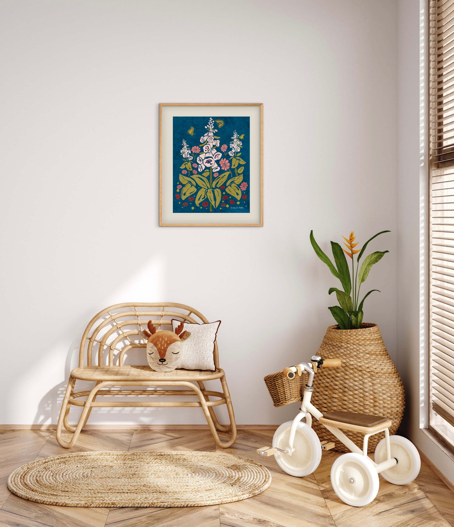 Foxgloves and Butterflies – Botanical Wall Art, Multicolored Bright Blue Background