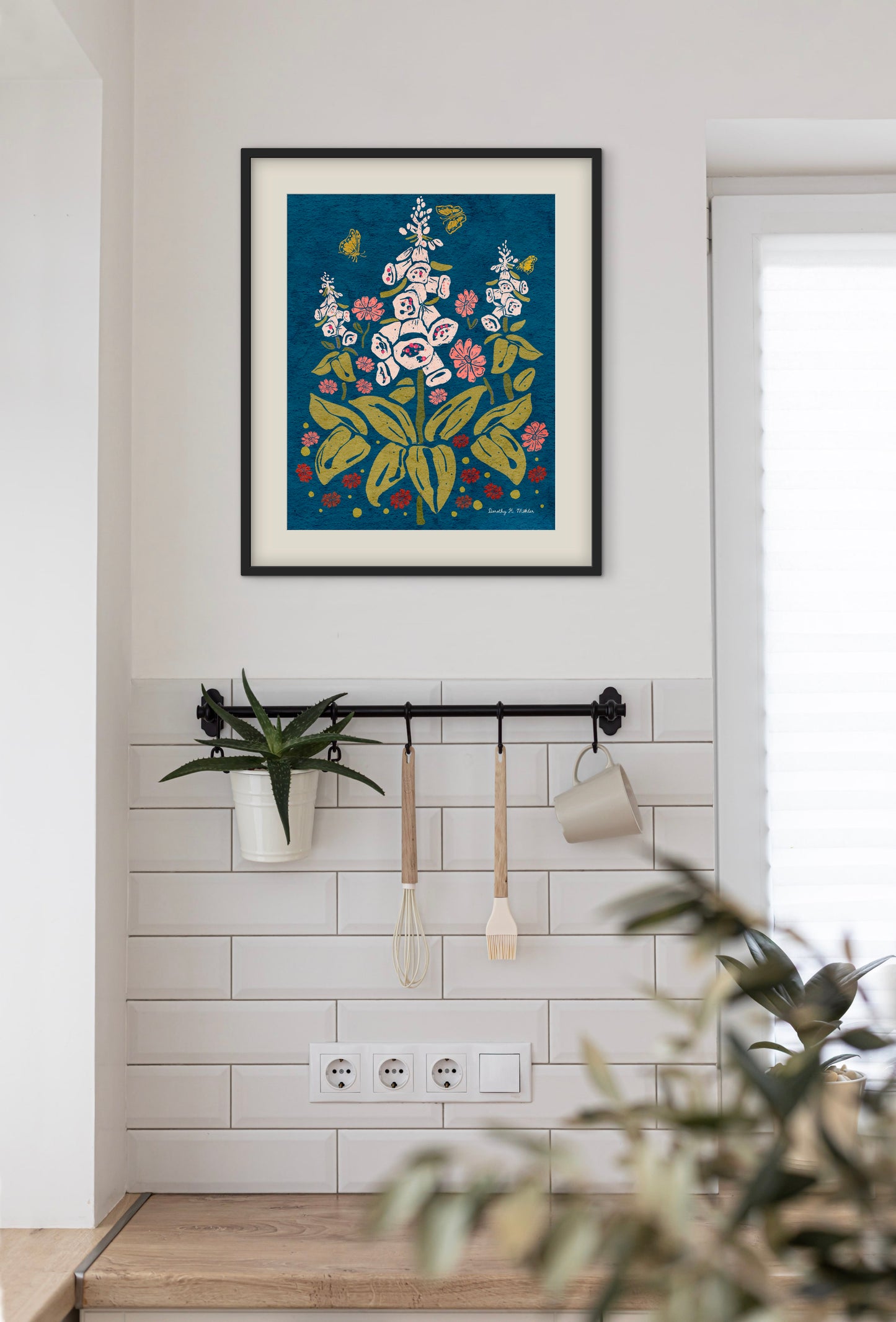 Foxgloves and Butterflies – Botanical Wall Art, Multicolored Bright Blue Background