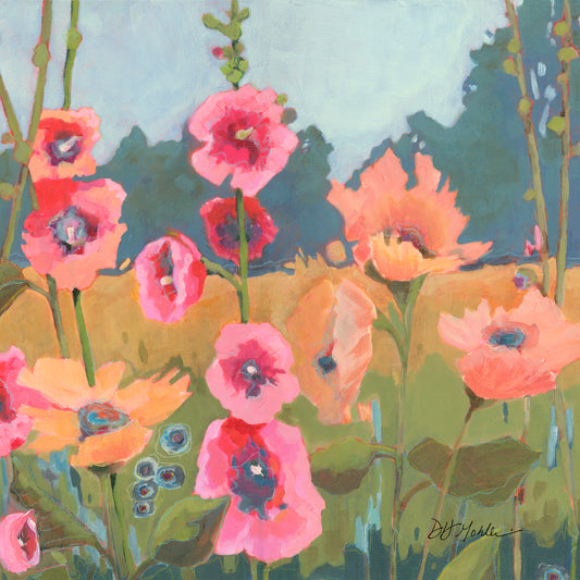 Sharing the Light - Wood Block Print | Hollyhocks, Poppies and Bluebells Wall Art