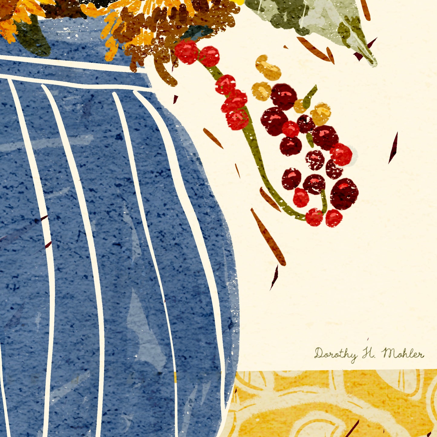 Sunflowers and Berries – Botanical Wall Art, Folk-Art Print, Yellow, Blue and Cream
