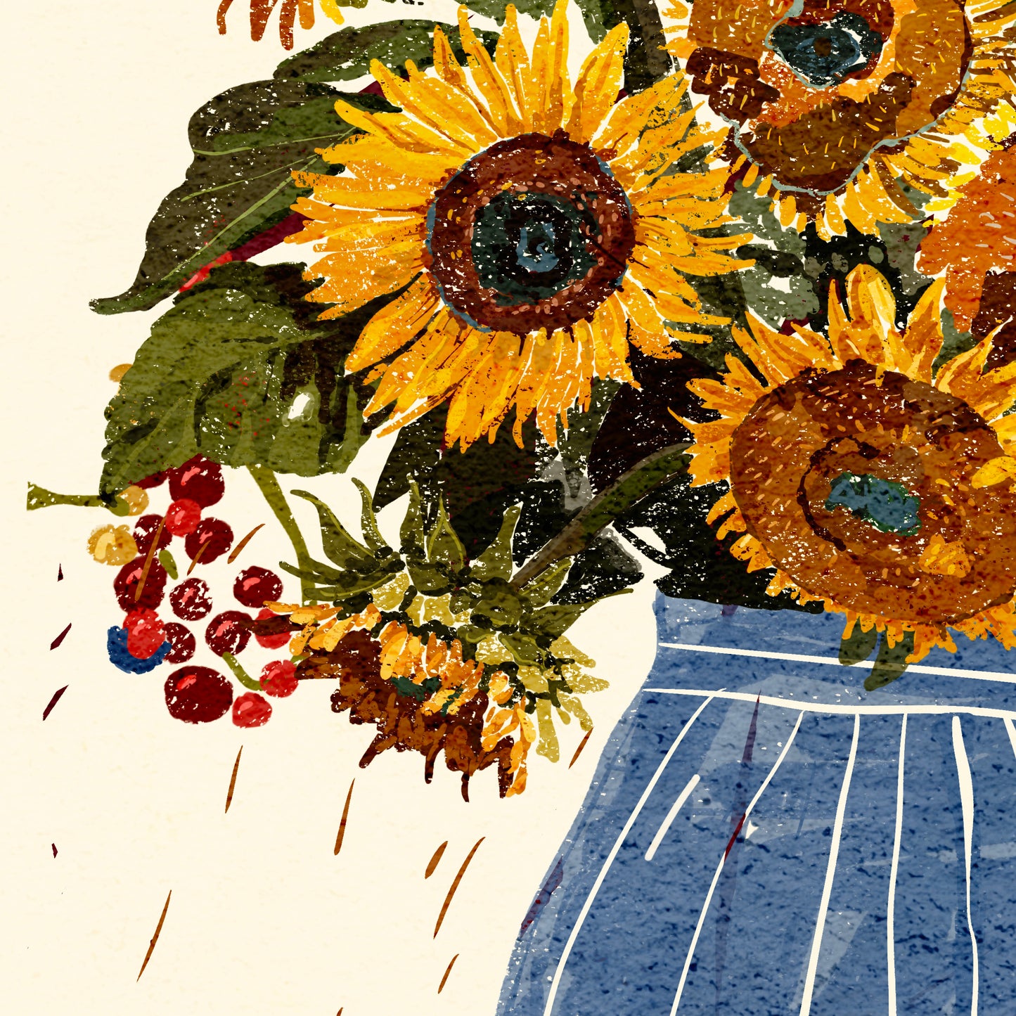 Sunflowers and Berries – Botanical Wall Art, Folk-Art Print, Yellow, Blue and Cream