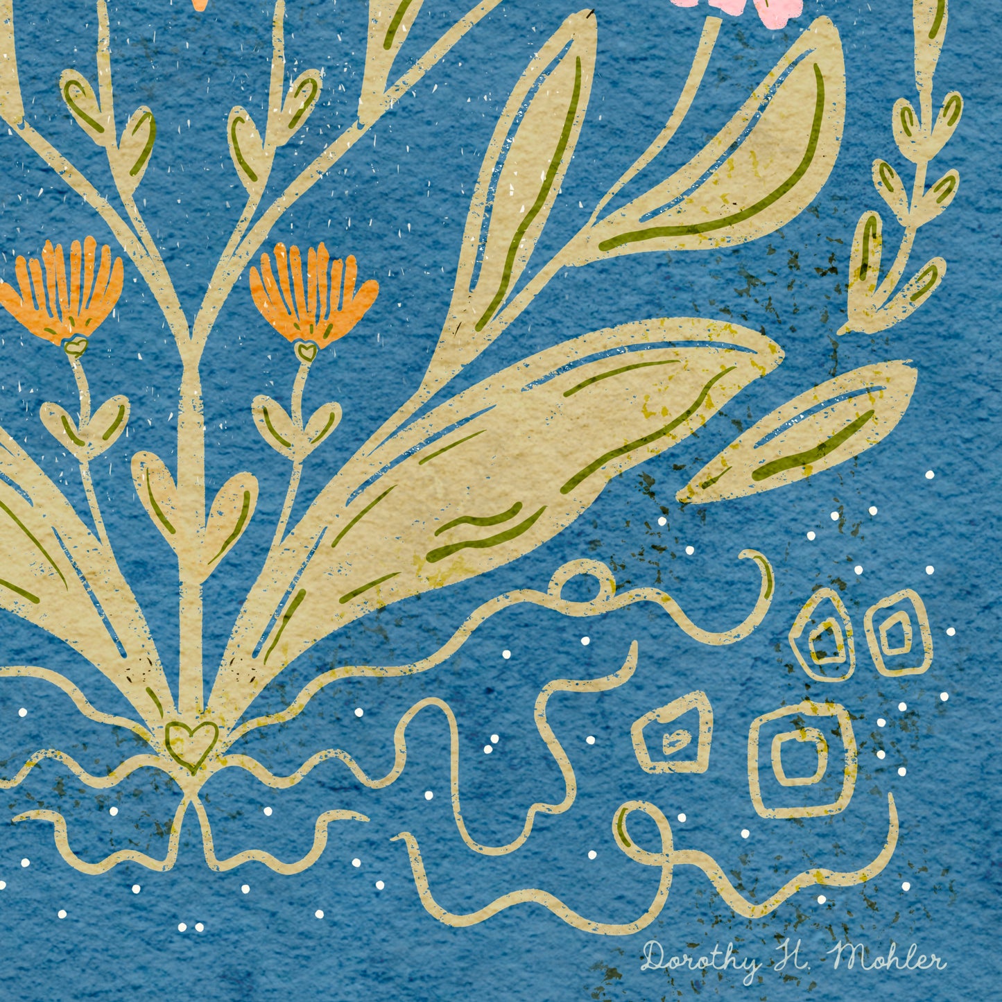 Daisies and Stars Folk Art Print – Botanical Wall Art, Multicolored Flowers with Blue Background