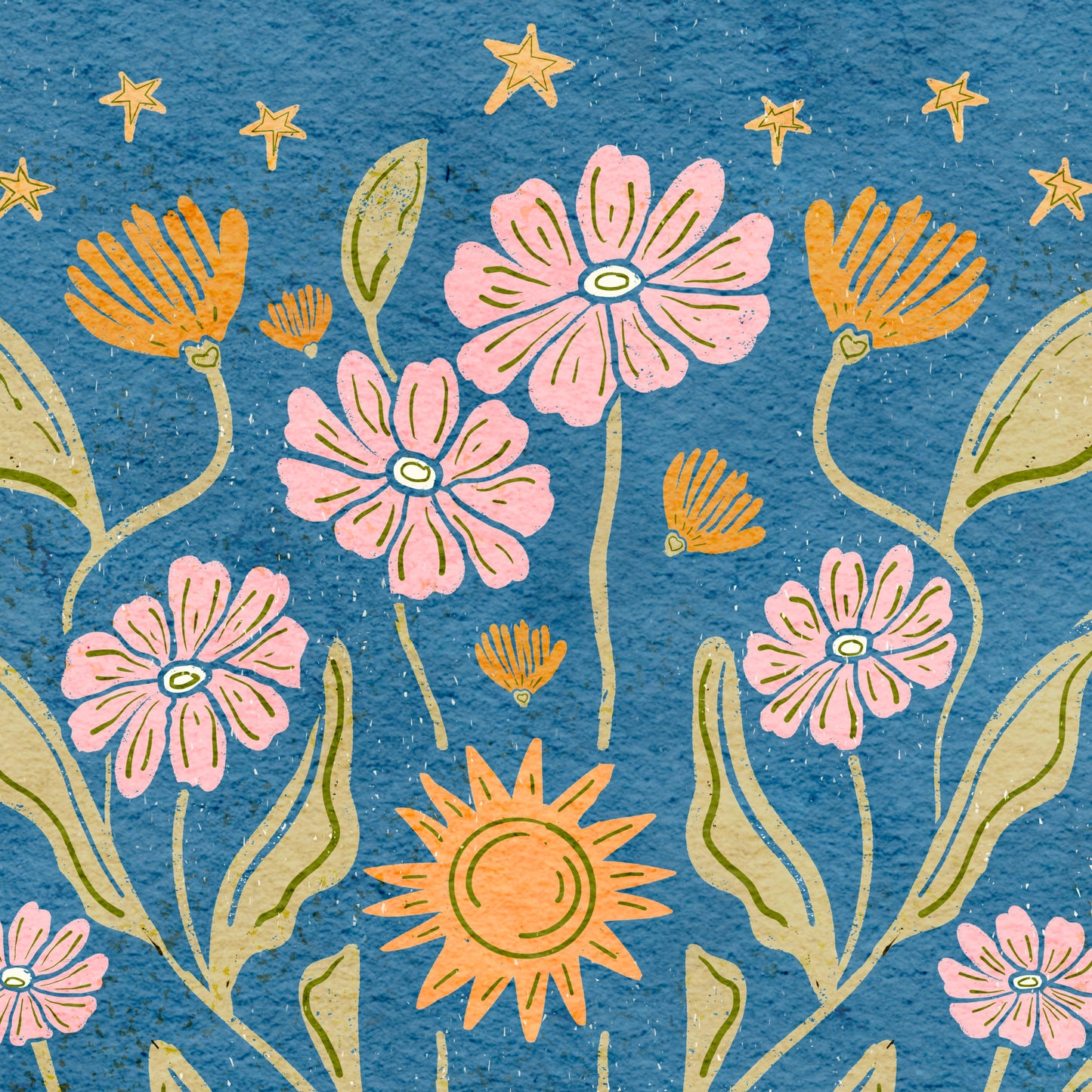 Daisies and Stars Folk Art Print – Botanical Wall Art, Multicolored Flowers with Blue Background