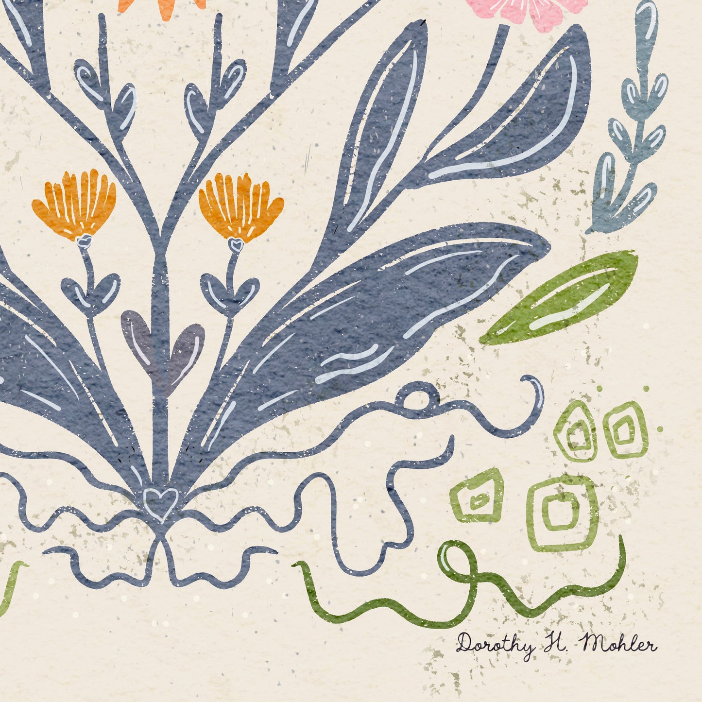 Daisies and Stars Folk Art Print – Botanical Wall Art, Multicolored Flowers with Cream Background