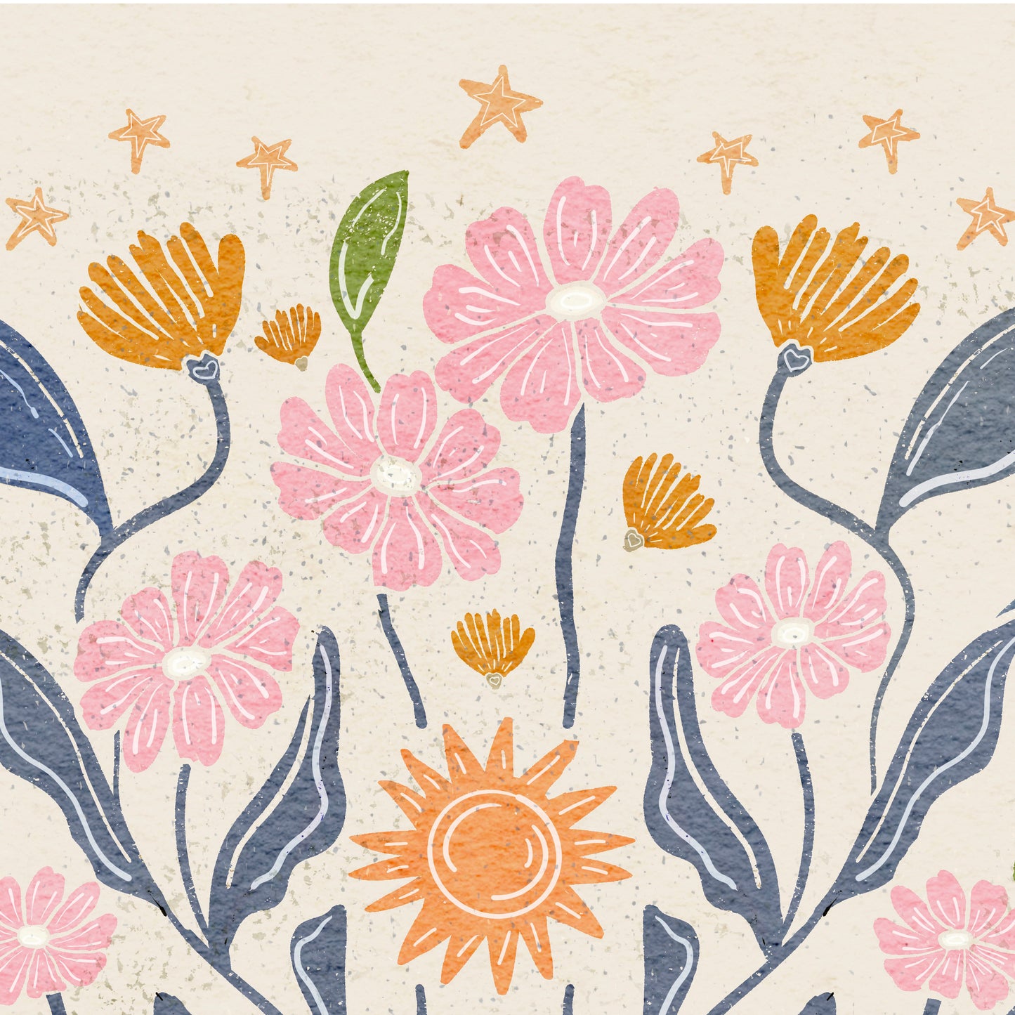 Daisies and Stars Folk Art Print – Botanical Wall Art, Multicolored Flowers with Cream Background