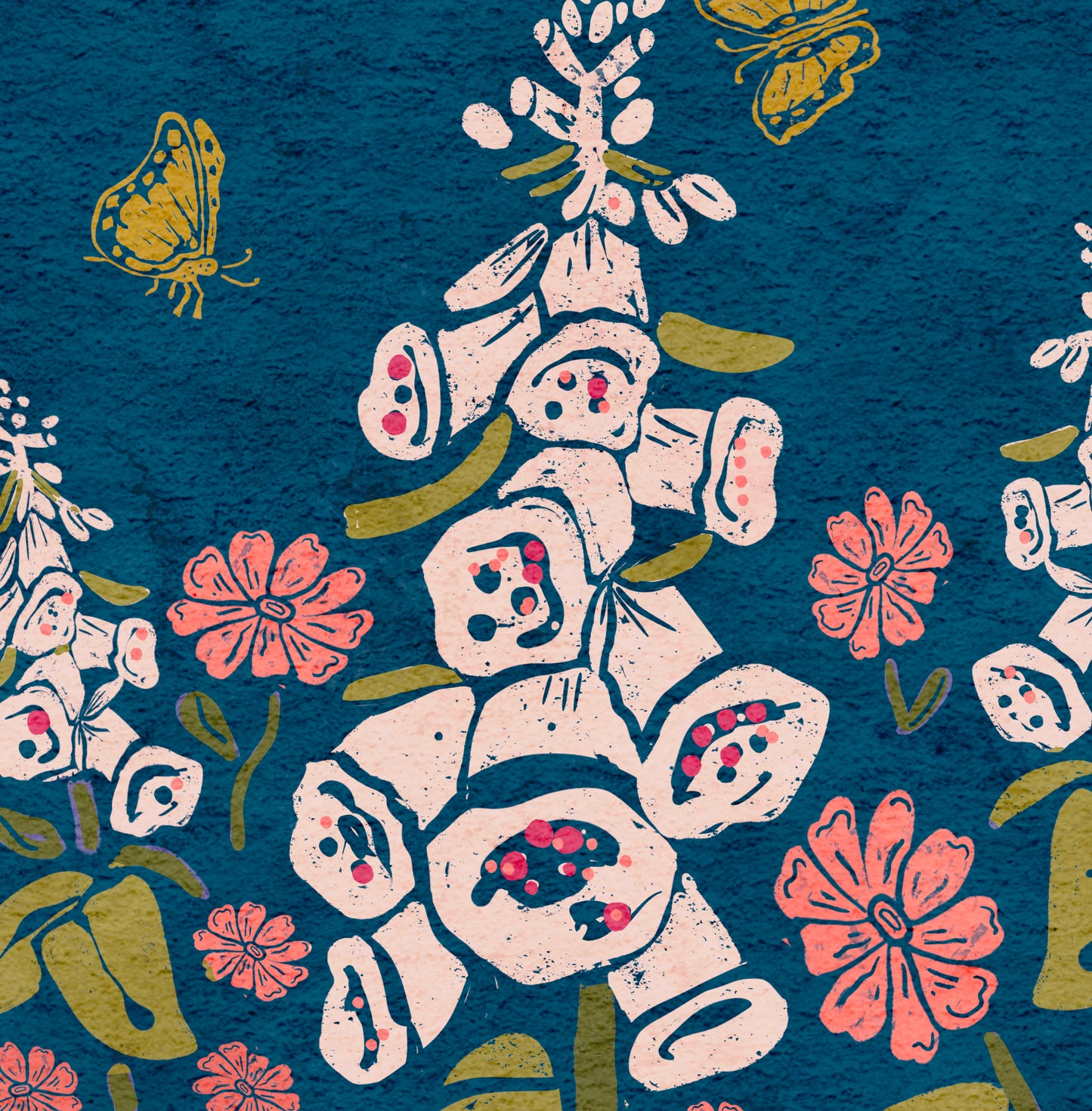 Foxgloves and Butterflies – Botanical Wall Art, Multicolored Bright Blue Background