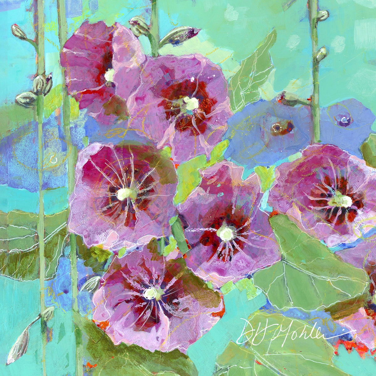 Hollyhocks Season - Wood Block Print | Hollyhocks Wall Art