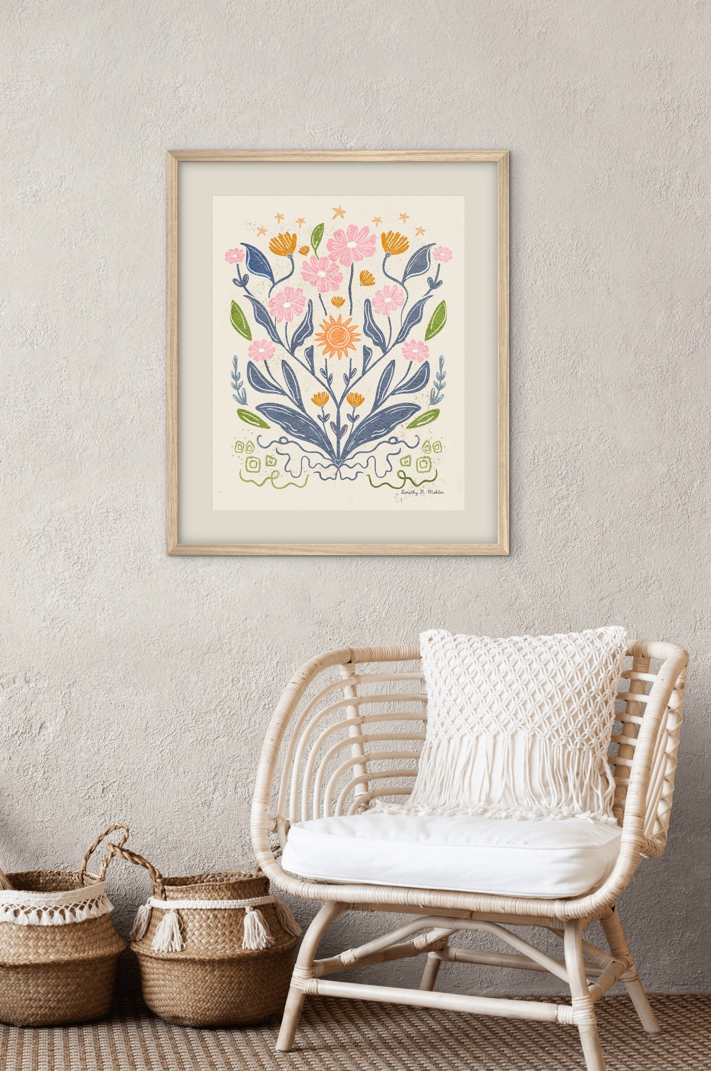 Daisies and Stars Folk Art Print – Botanical Wall Art, Multicolored Flowers with Cream Background