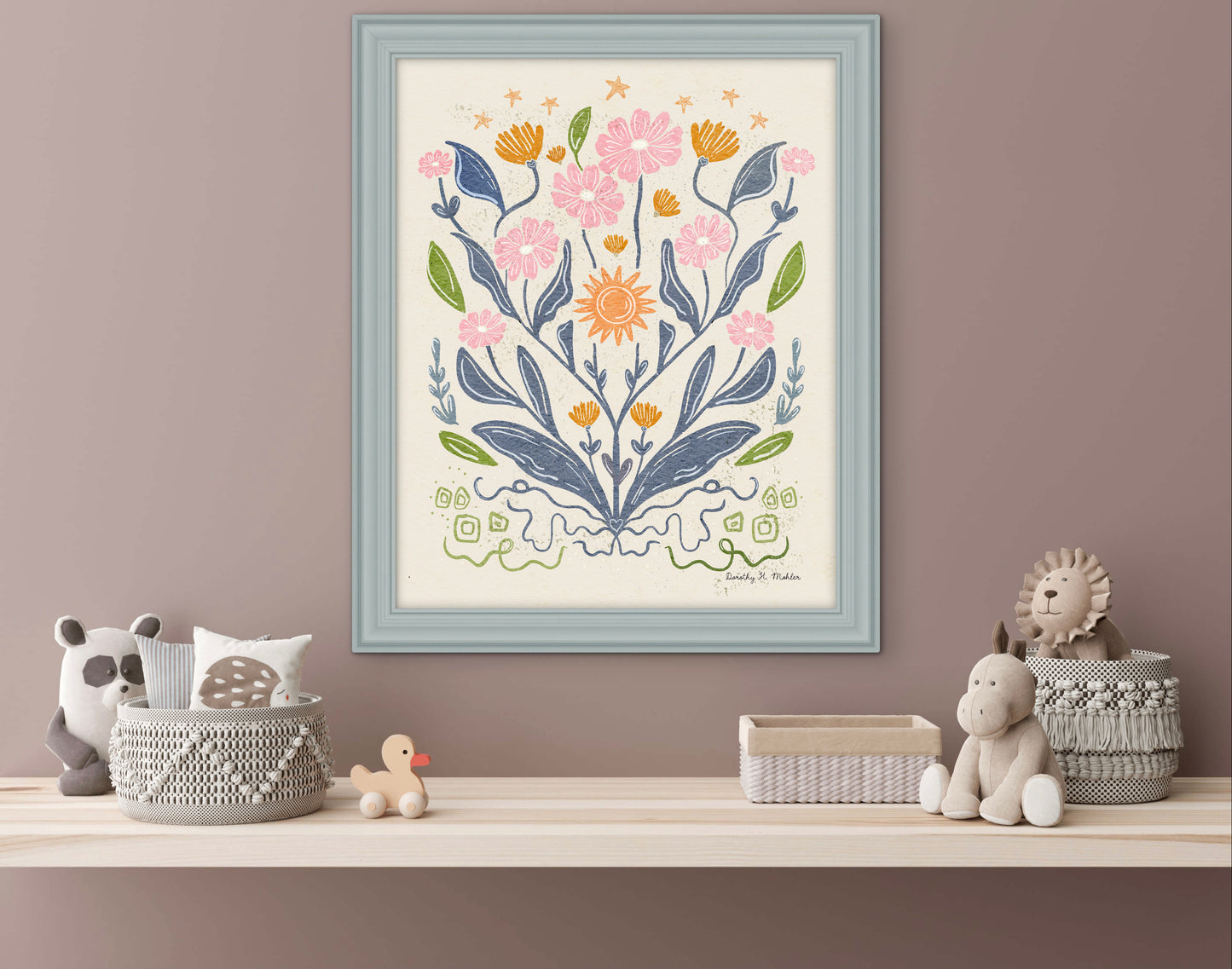Daisies and Stars Folk Art Print – Botanical Wall Art, Multicolored Flowers with Cream Background