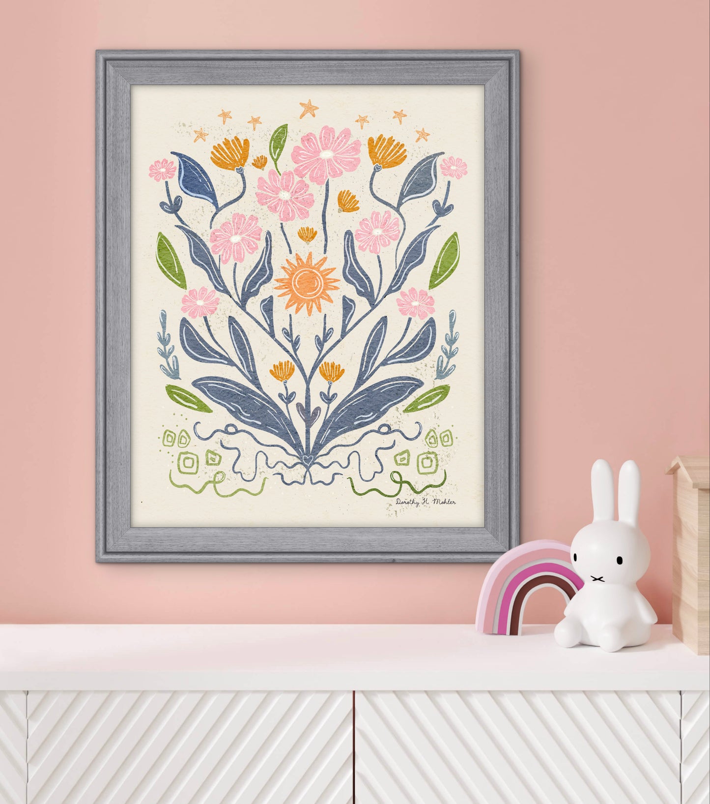 Daisies and Stars Folk Art Print – Botanical Wall Art, Multicolored Flowers with Cream Background