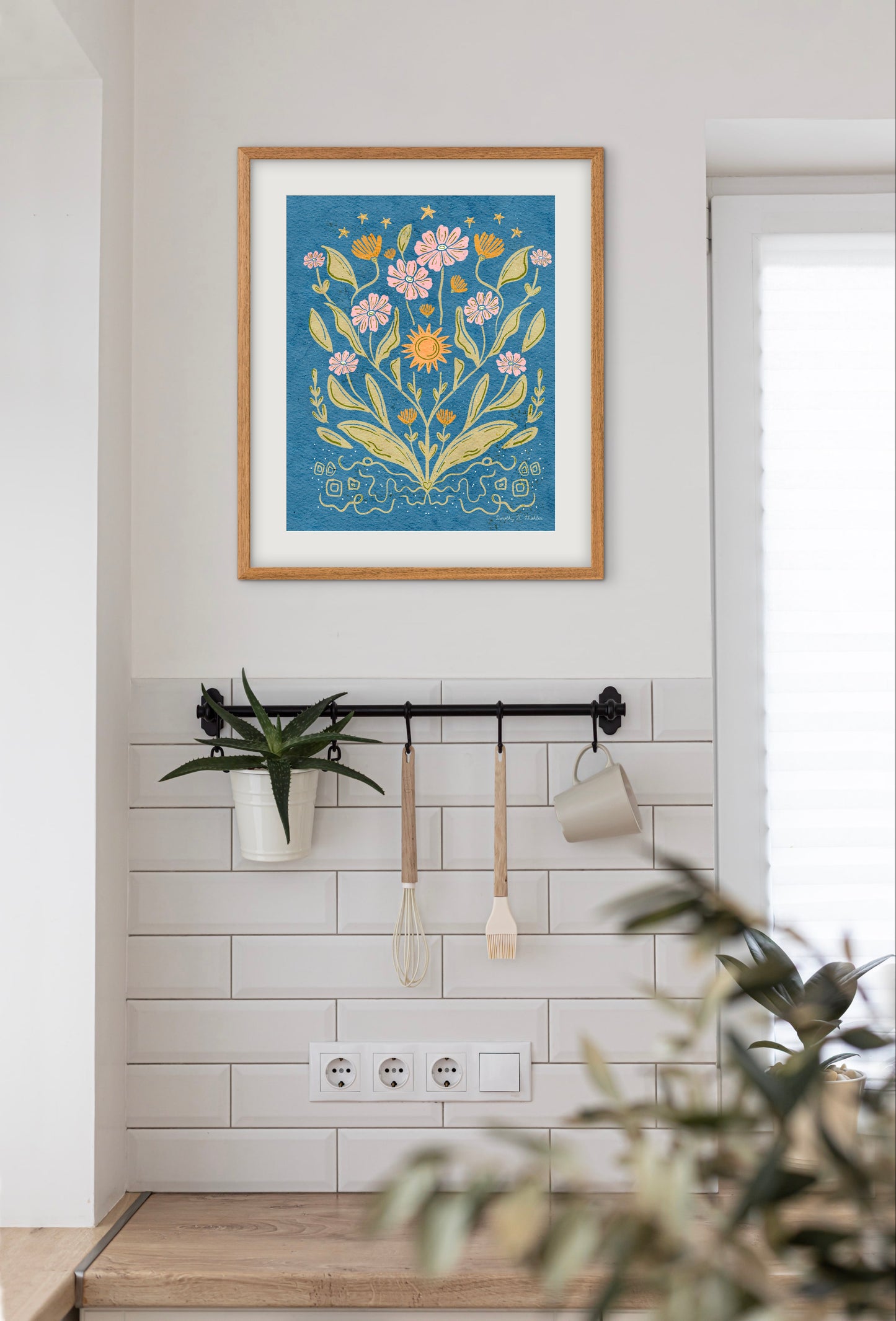 Daisies and Stars Folk Art Print – Botanical Wall Art, Multicolored Flowers with Blue Background