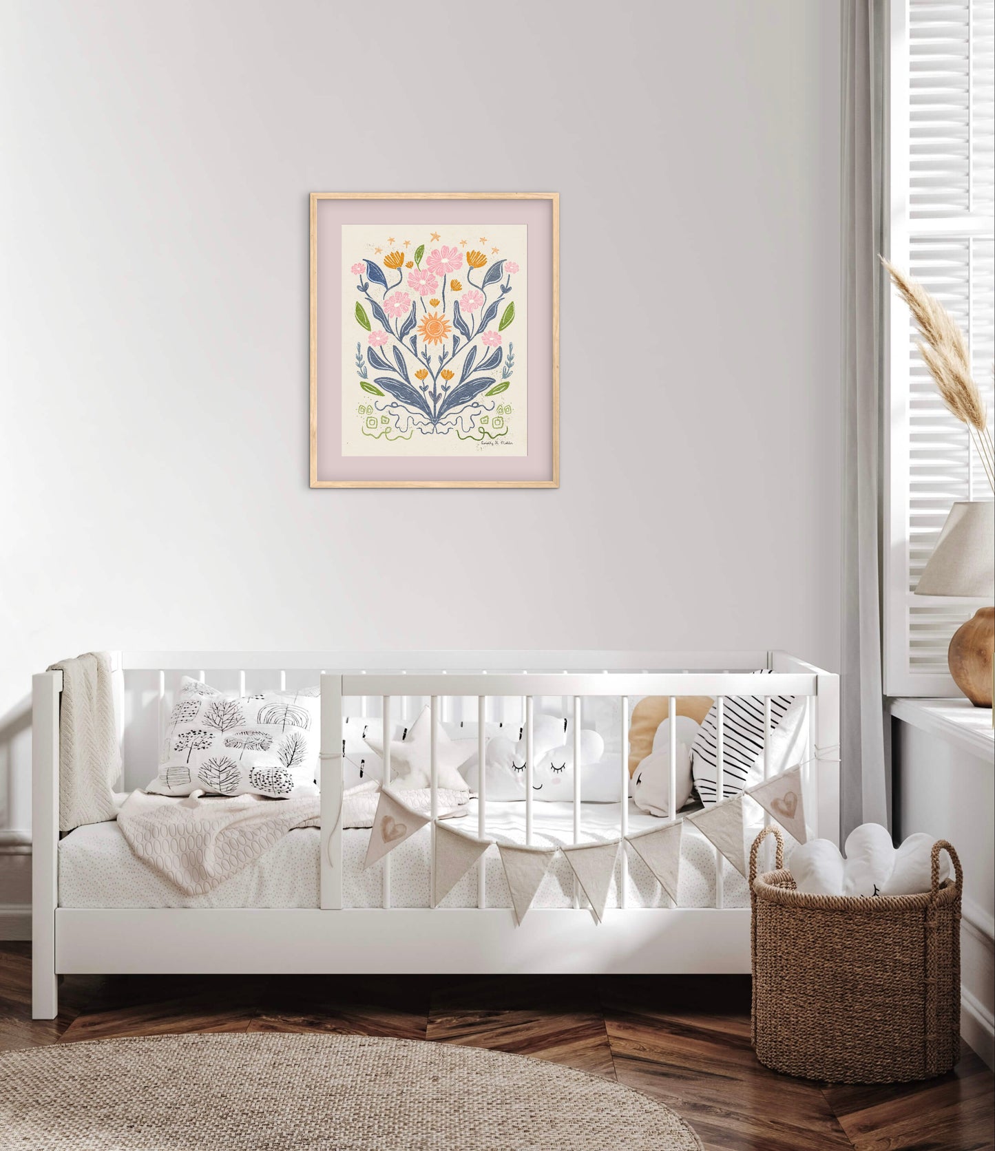 Daisies and Stars Folk Art Print – Botanical Wall Art, Multicolored Flowers with Cream Background